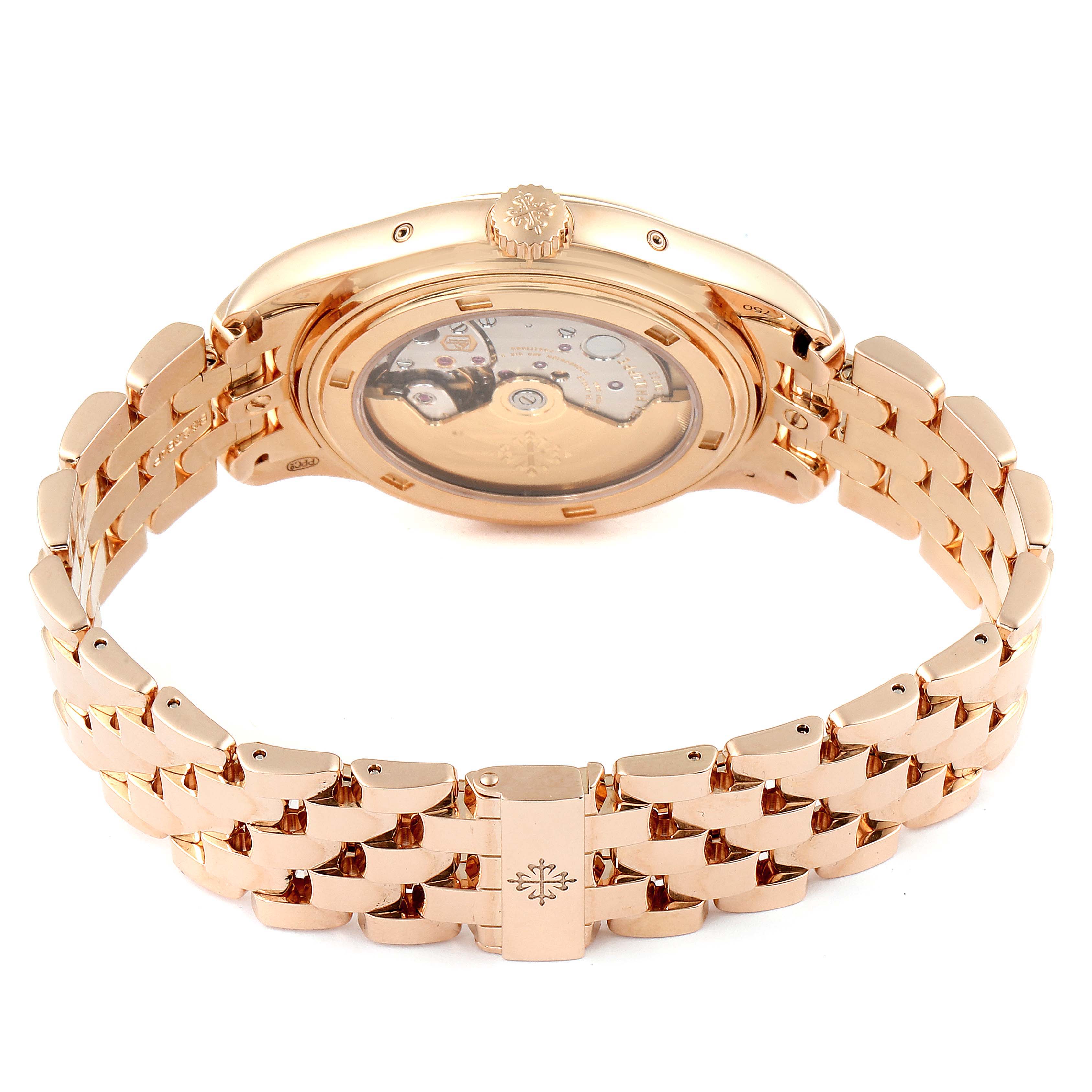 The image shows the back view of a Patek Philippe 5146R Men's Rose Gold Beige Dial 5146R Men's Rose Gold Beige Dial Complicated Annual Calendar Rose Gold Watch 5146, highlighting its gold bracelet and transparent caseback.