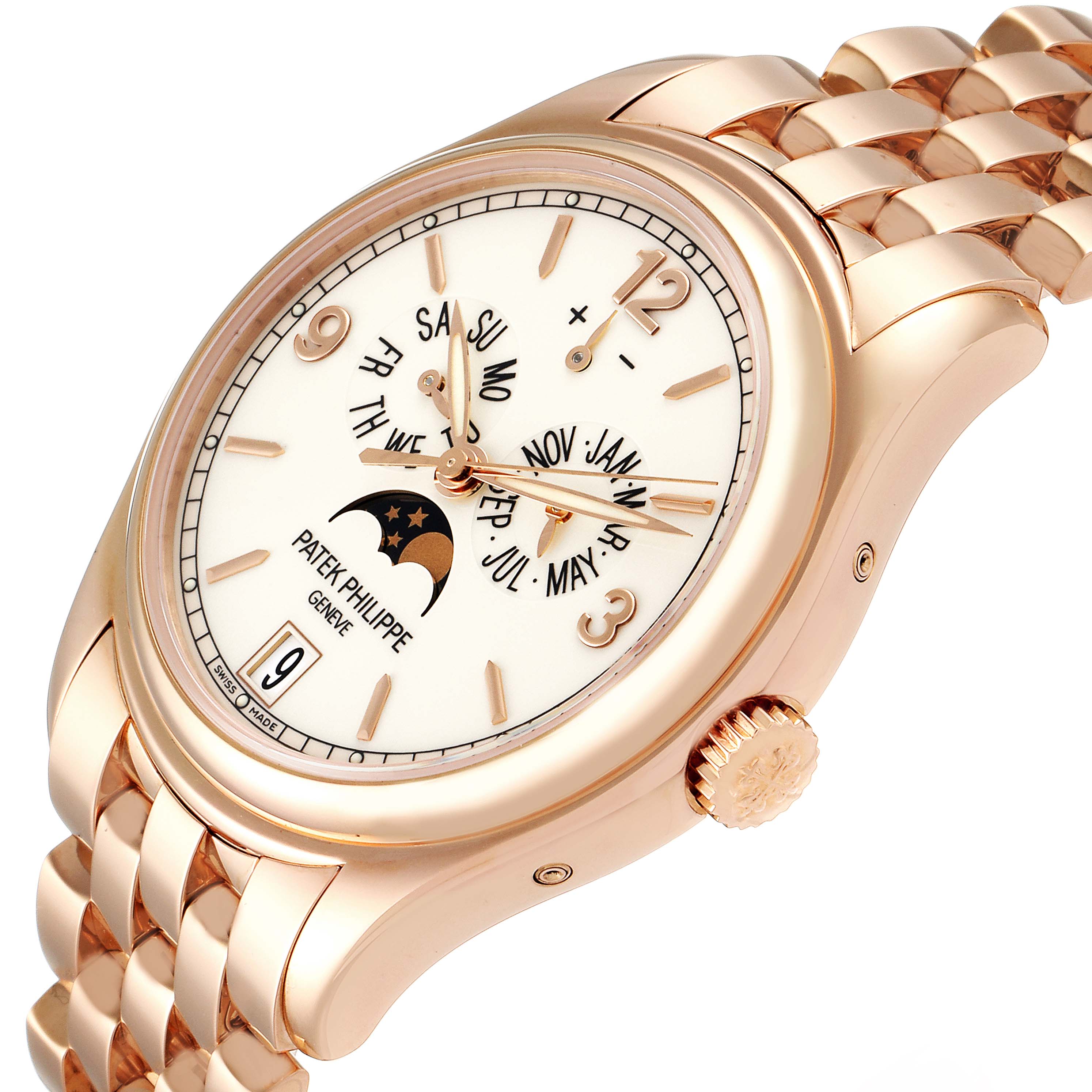 The image shows a Patek Philippe 5146R Men's Rose Gold Beige Dial 5146R Men's Rose Gold Beige Dial Complicated Annual Calendar Rose Gold Watch 5146 model at a slight angle, highlighting its face and bracelet.