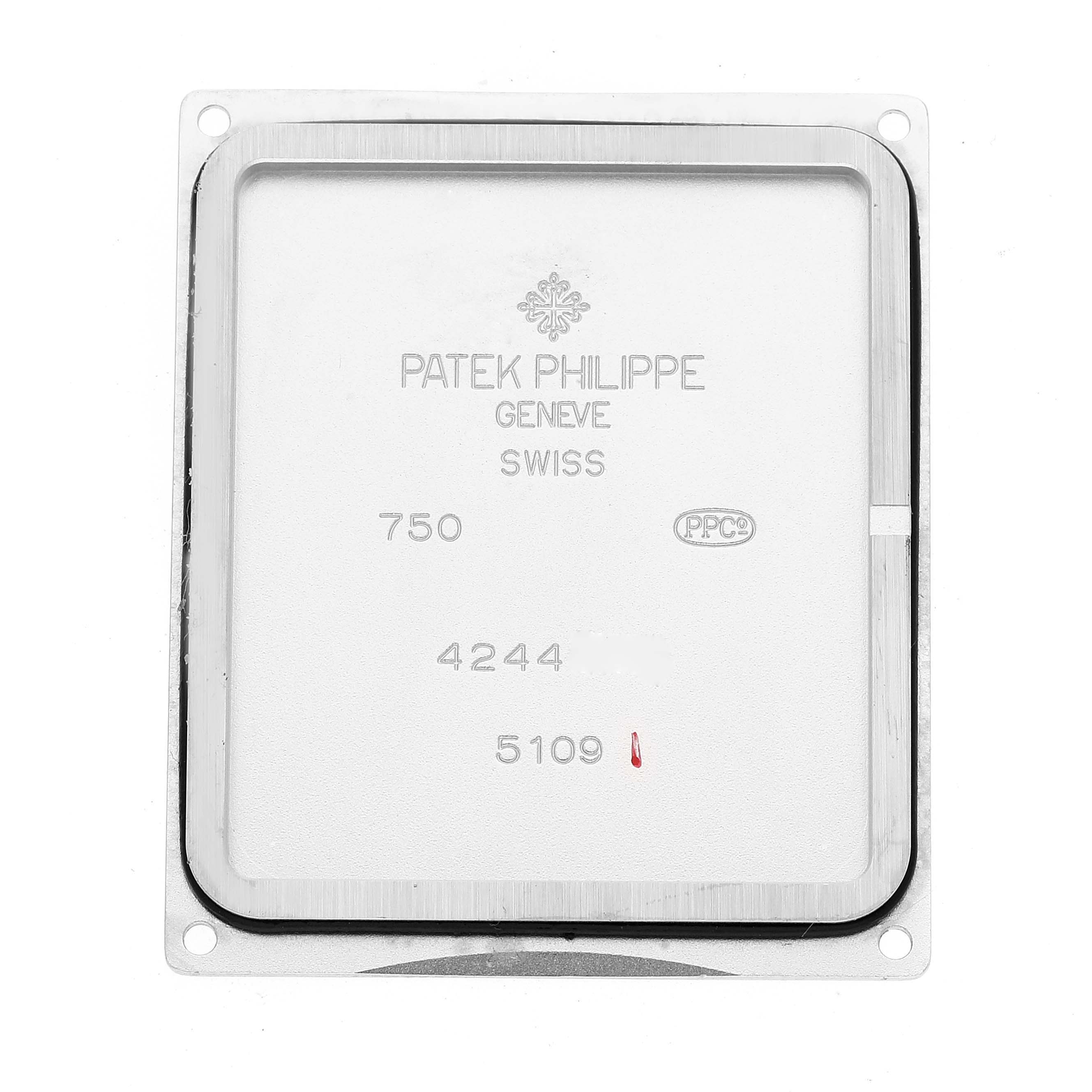 This image shows the back cover of the Patek Philippe Gondolo 5109G Men's White Gold Silver Dial 5109G Men's White Gold Silver Dial model watch, featuring brand engravings and reference numbers.