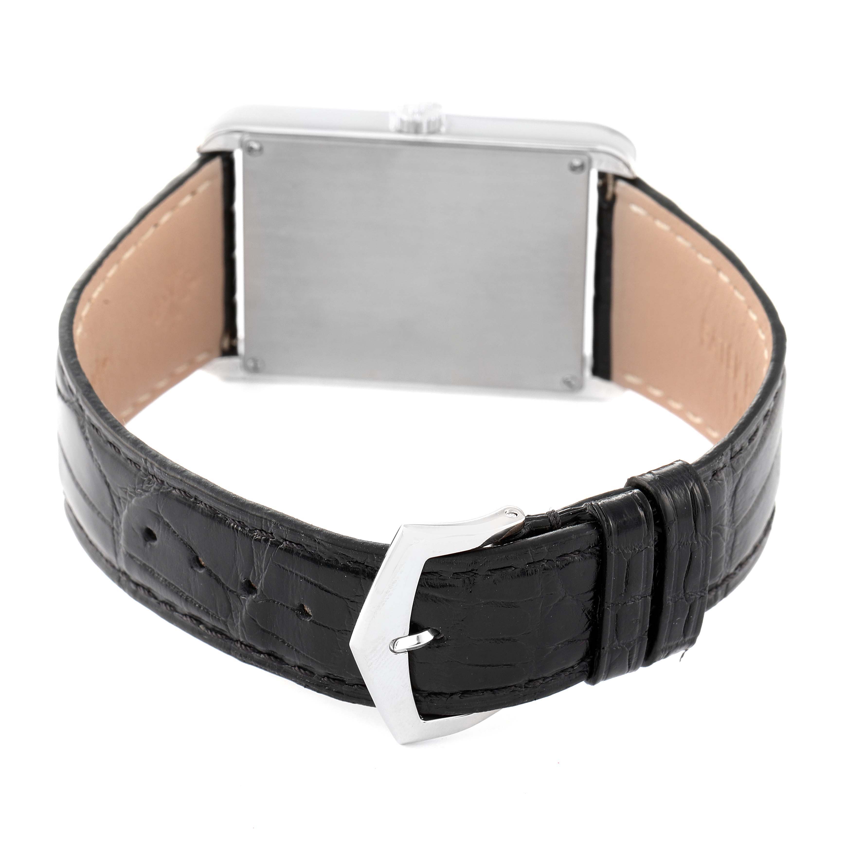 The image shows the back of a Patek Philippe Gondolo 5109G Men's White Gold Silver Dial 5109G Men's White Gold Silver Dial watch, focusing on the black leather strap and silver buckle.