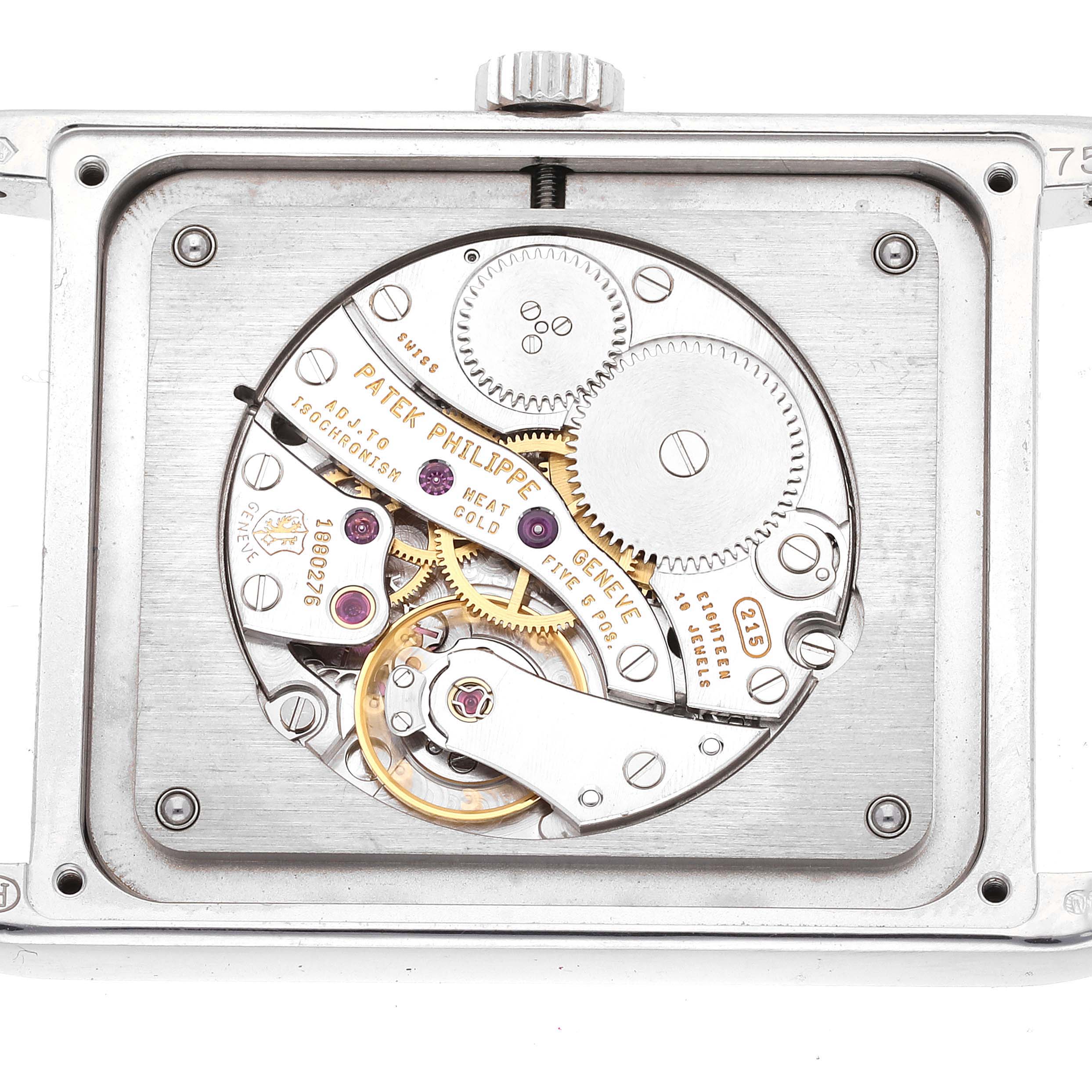 The image shows the back view of the Patek Philippe Gondolo 5109G Men's White Gold Silver Dial 5109G Men's White Gold Silver Dial model, revealing its mechanical movement and intricate components.
