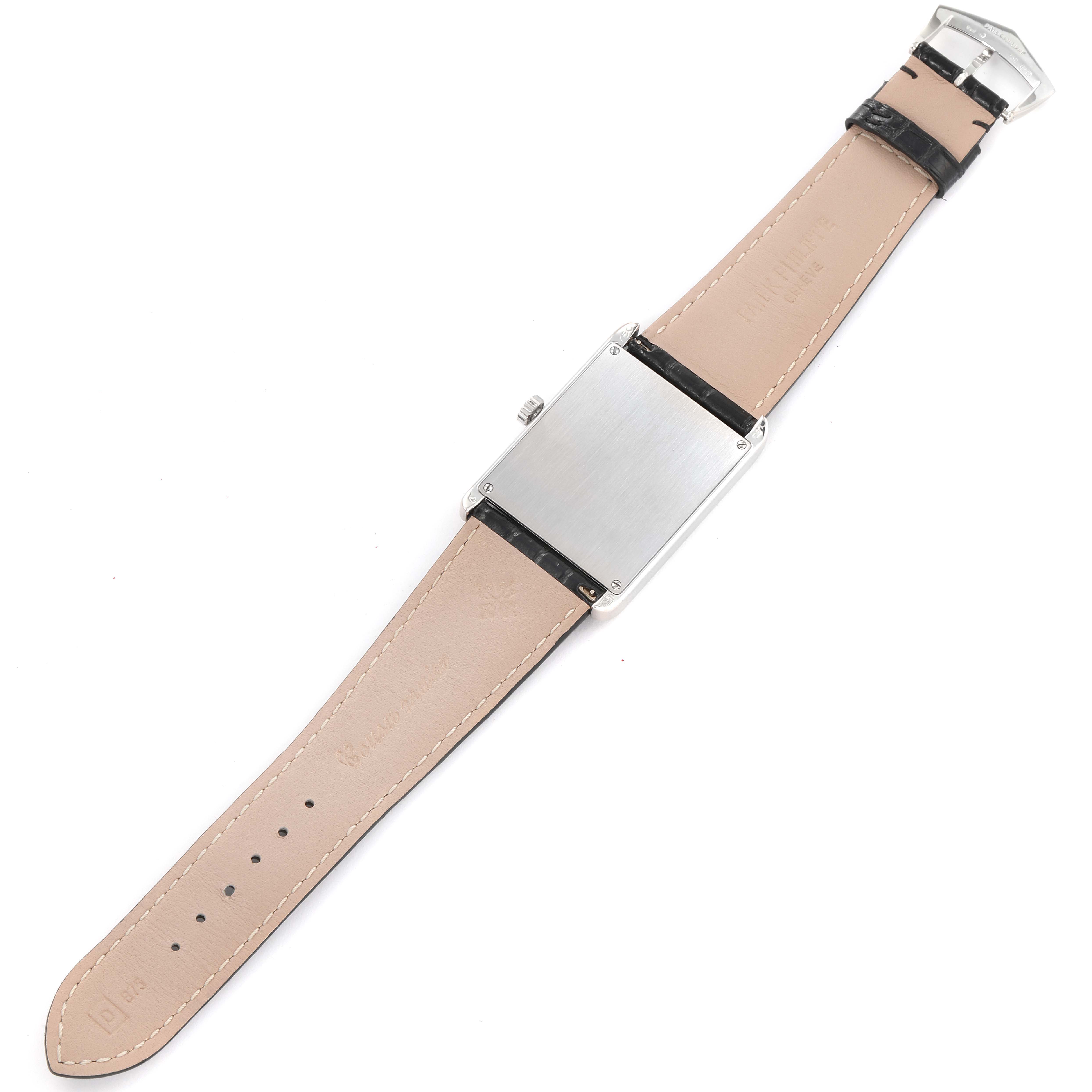 The image shows the back view of a Patek Philippe Gondolo 5109G Men's White Gold Silver Dial 5109G Men's White Gold Silver Dial watch, displaying the case back and leather strap.