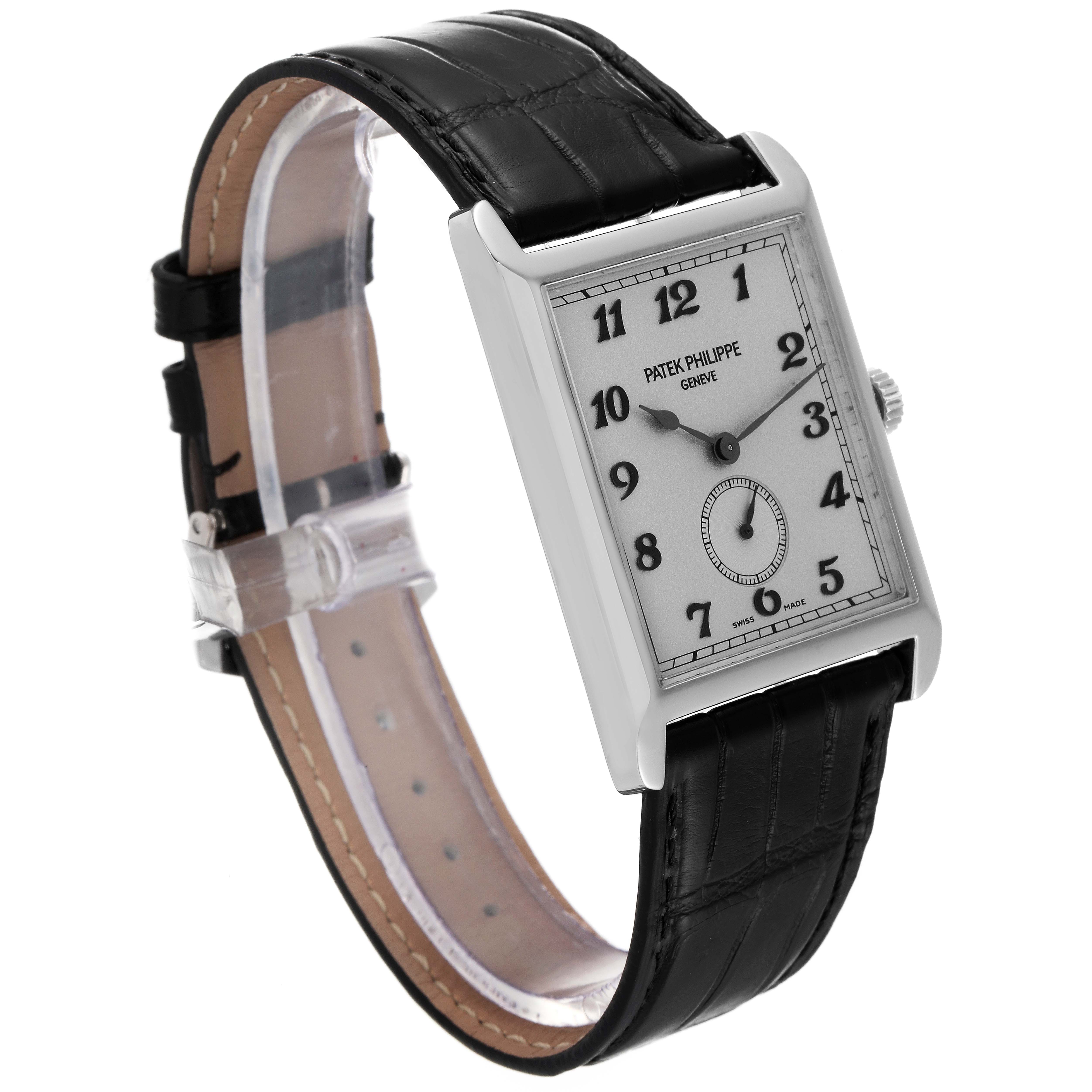 The image shows a Patek Philippe Gondolo 5109G Men's White Gold Silver Dial 5109G Men's White Gold Silver Dial watch at a front angle, highlighting its rectangular dial and black leather strap.