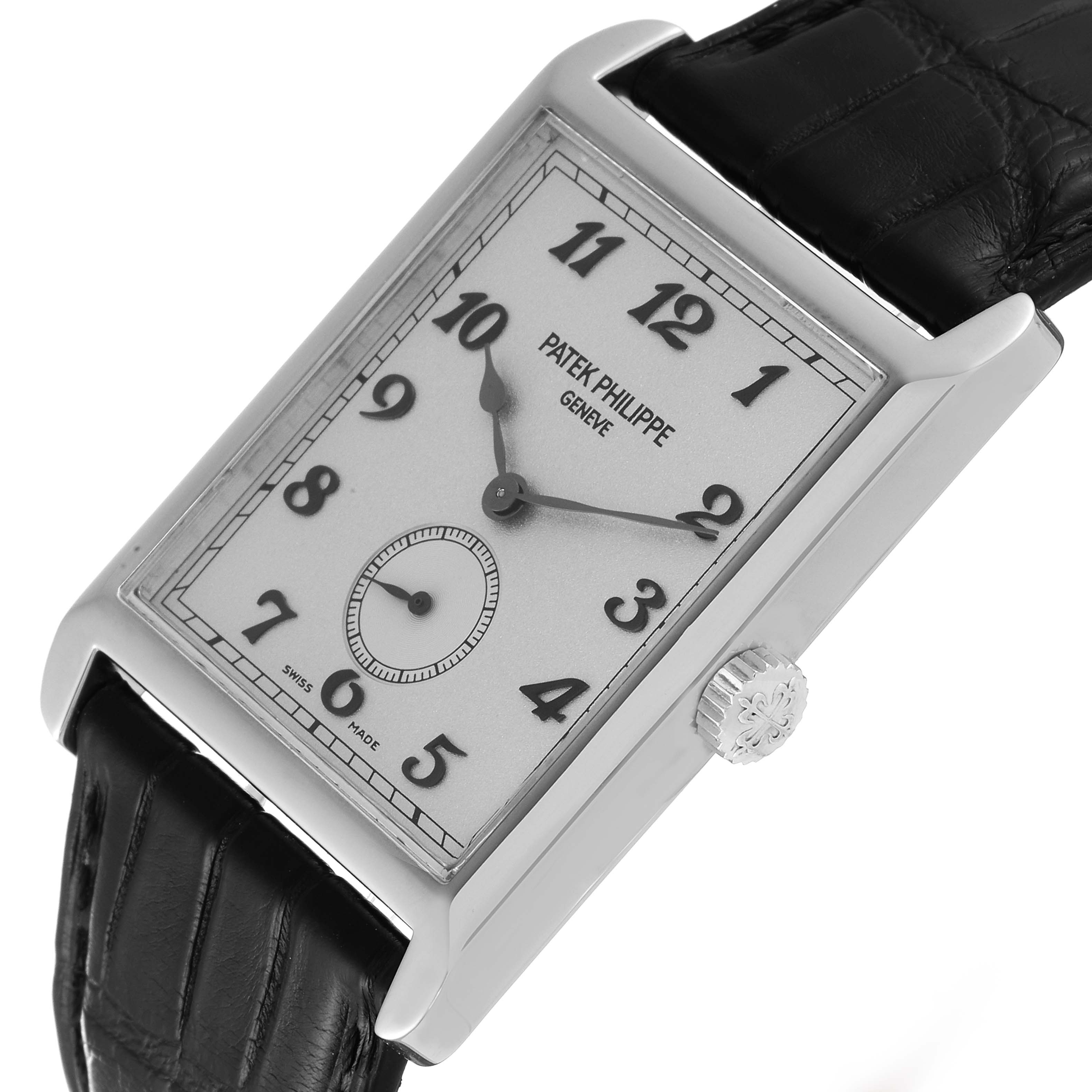 The image shows a Patek Philippe Gondolo 5109G Men's White Gold Silver Dial 5109G Men's White Gold Silver Dial watch angled slightly to display the dial, crown, and part of the leather strap.
