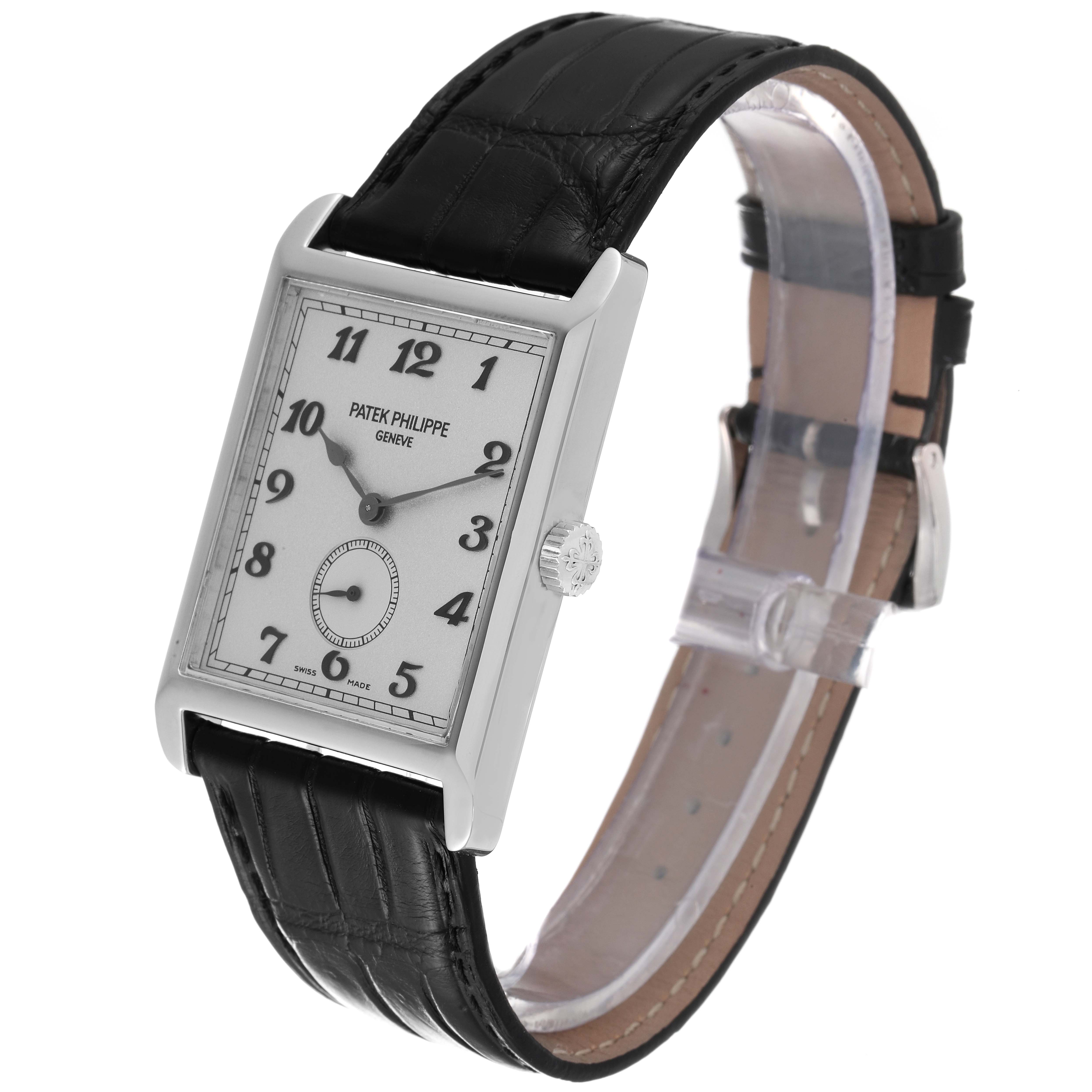 The image shows a front angled view of the Patek Philippe Gondolo 5109G Men's White Gold Silver Dial 5109G Men's White Gold Silver Dial watch, highlighting the face, dial, and black leather strap.