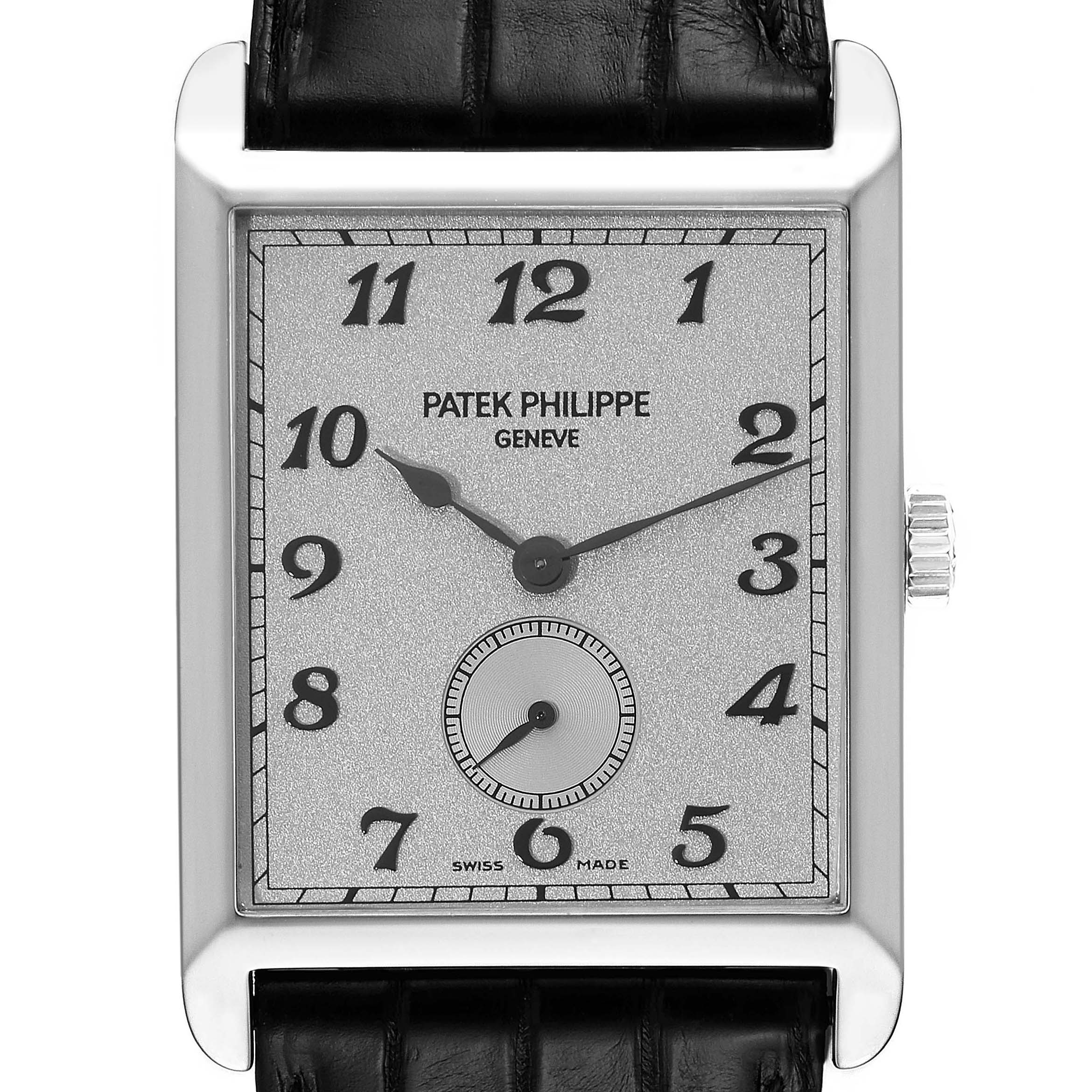 The image shows a front view of the Patek Philippe Gondolo 5109G Men's White Gold Silver Dial 5109G Men's White Gold Silver Dial watch, displaying the dial and part of the black leather strap.