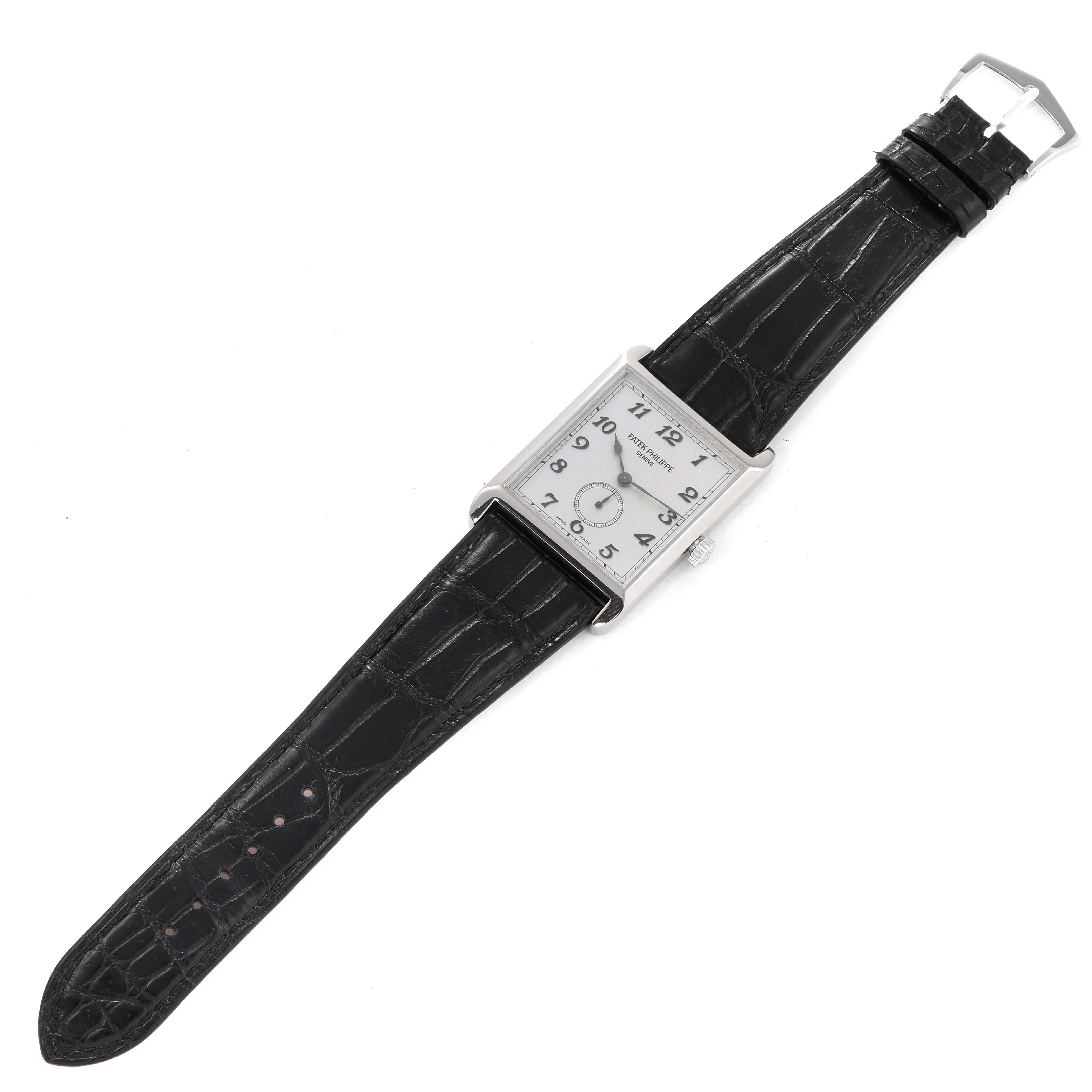 The image shows a top view of a Patek Philippe Gondolo 5109G Men's White Gold Silver Dial 5109G Men's White Gold Silver Dial watch, displaying the dial, black leather strap, and buckle.