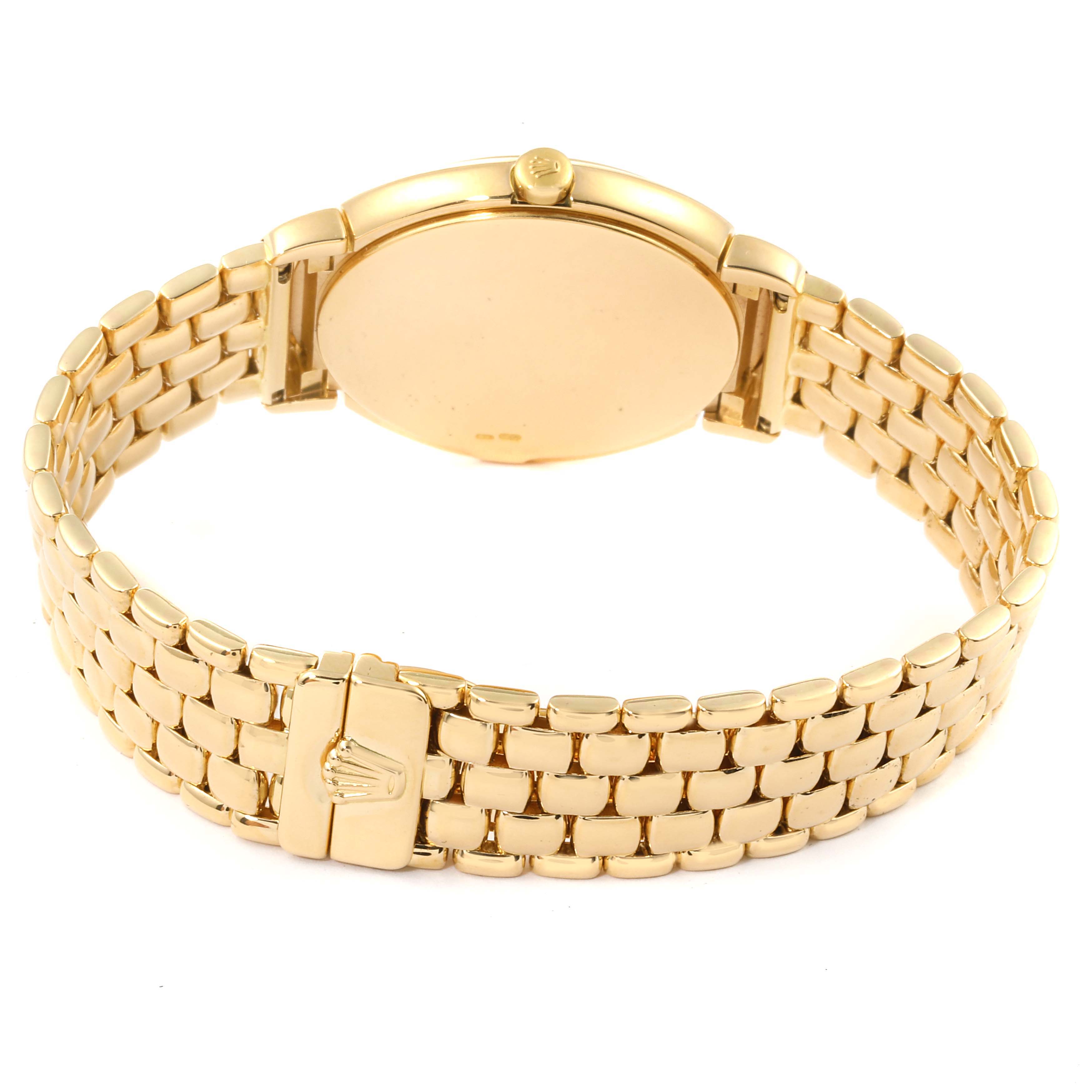 This image shows the back and side angle of a Rolex Cellini 6622 Men's Yellow Gold Champagne Dial 6622 Men's Yellow Gold Champagne Dial watch with a gold bracelet and clasp.