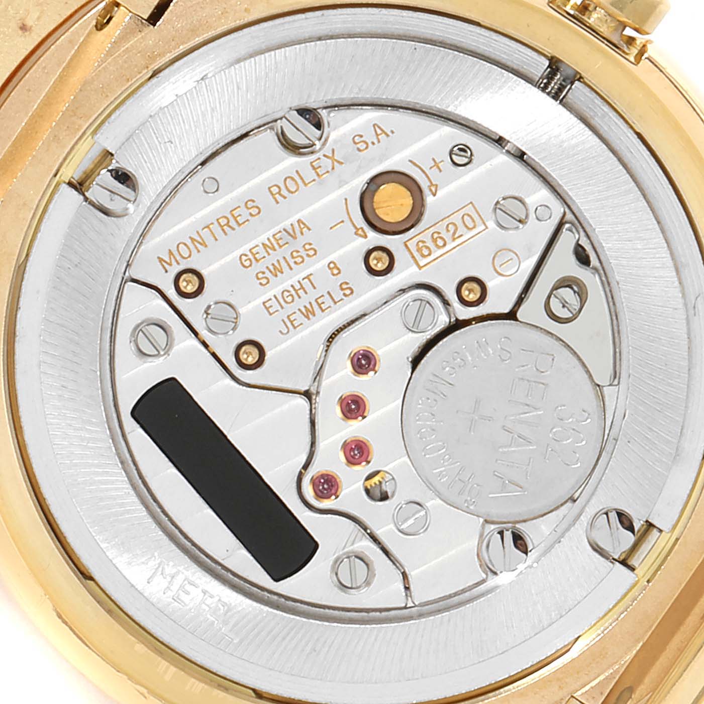 The image shows the back view of the Rolex Cellini 6622 Men's Yellow Gold Champagne Dial 6622 Men's Yellow Gold Champagne Dial watch, showcasing its internal mechanical components.