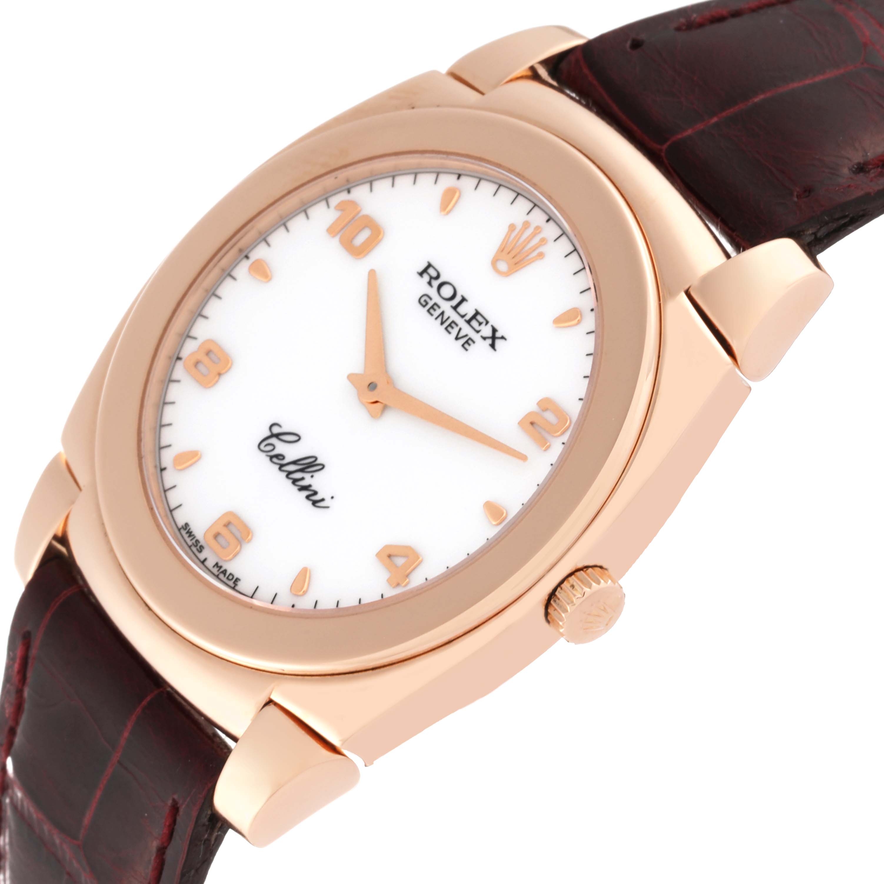 The image shows a top-side view of a Rolex Cellini 5330 Men's Rose Gold White Dial 5330 Men's Rose Gold White Dial watch with a rose gold case and brown leather strap.