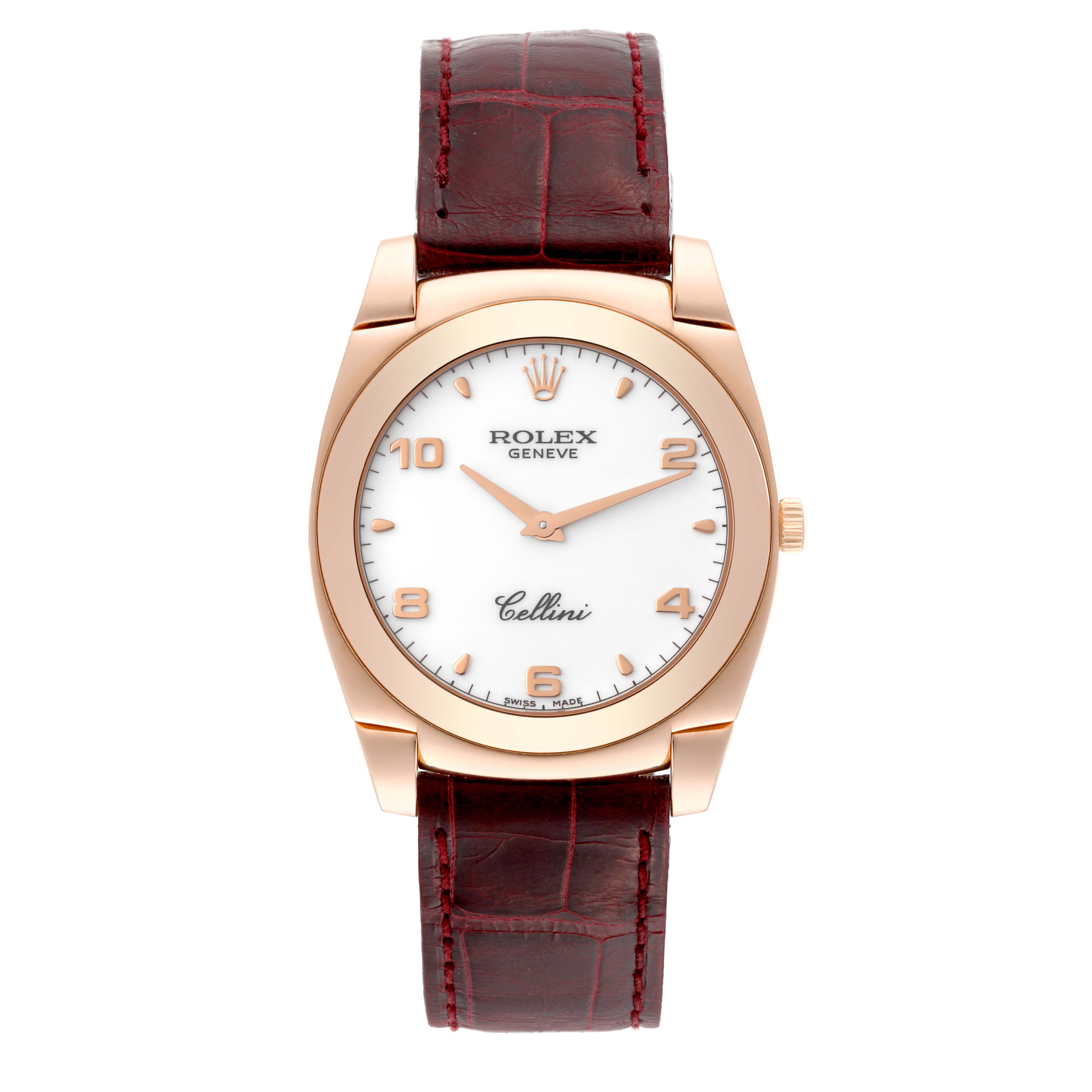 The image shows a frontal view of the Rolex Cellini 5330 Men's Rose Gold White Dial 5330 Men's Rose Gold White Dial watch, displaying its dial, bezel, and leather strap.