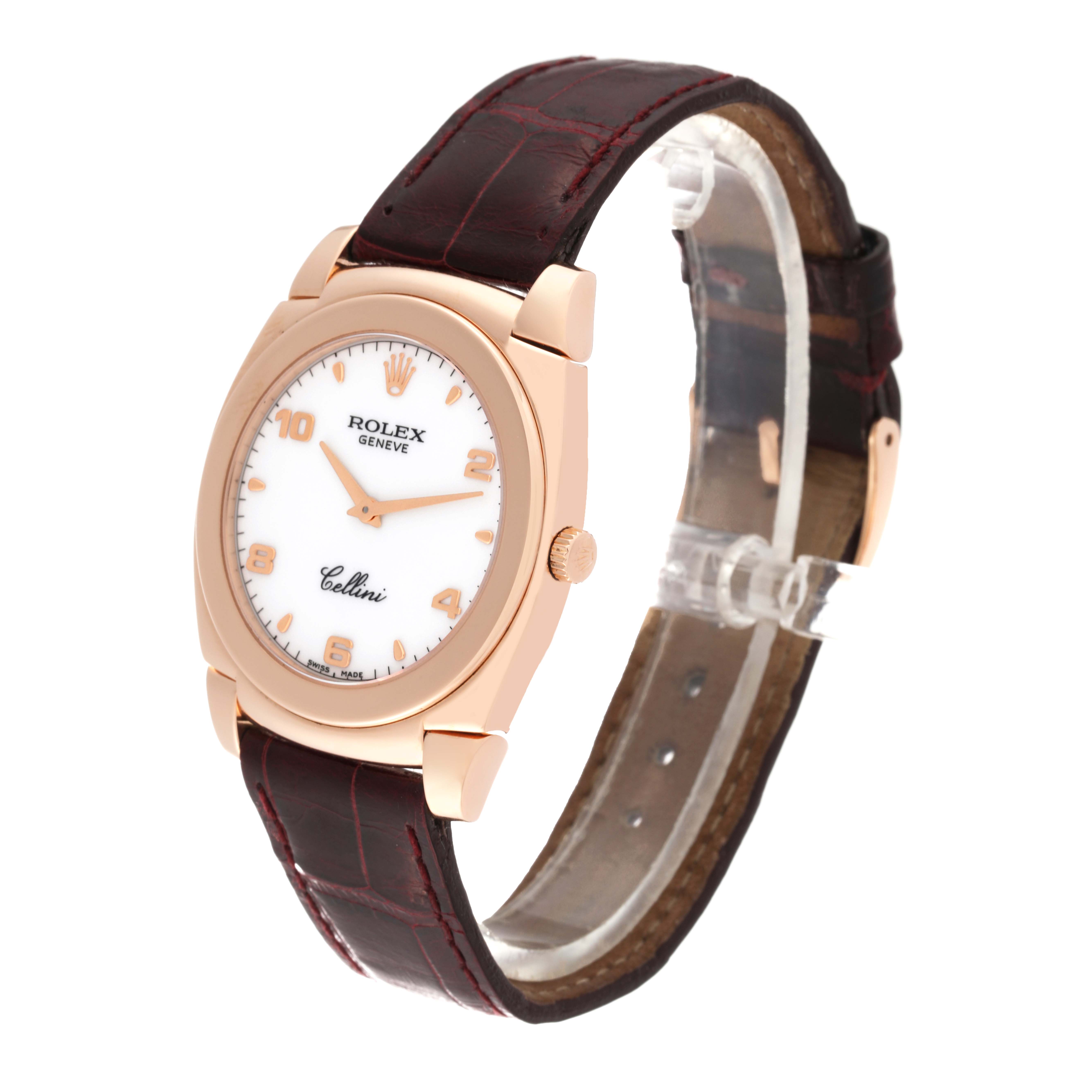 The Rolex Cellini 5330 Men's Rose Gold White Dial 5330 Men's Rose Gold White Dial watch is shown at a slight angle, displaying its face, leather strap, and crown.