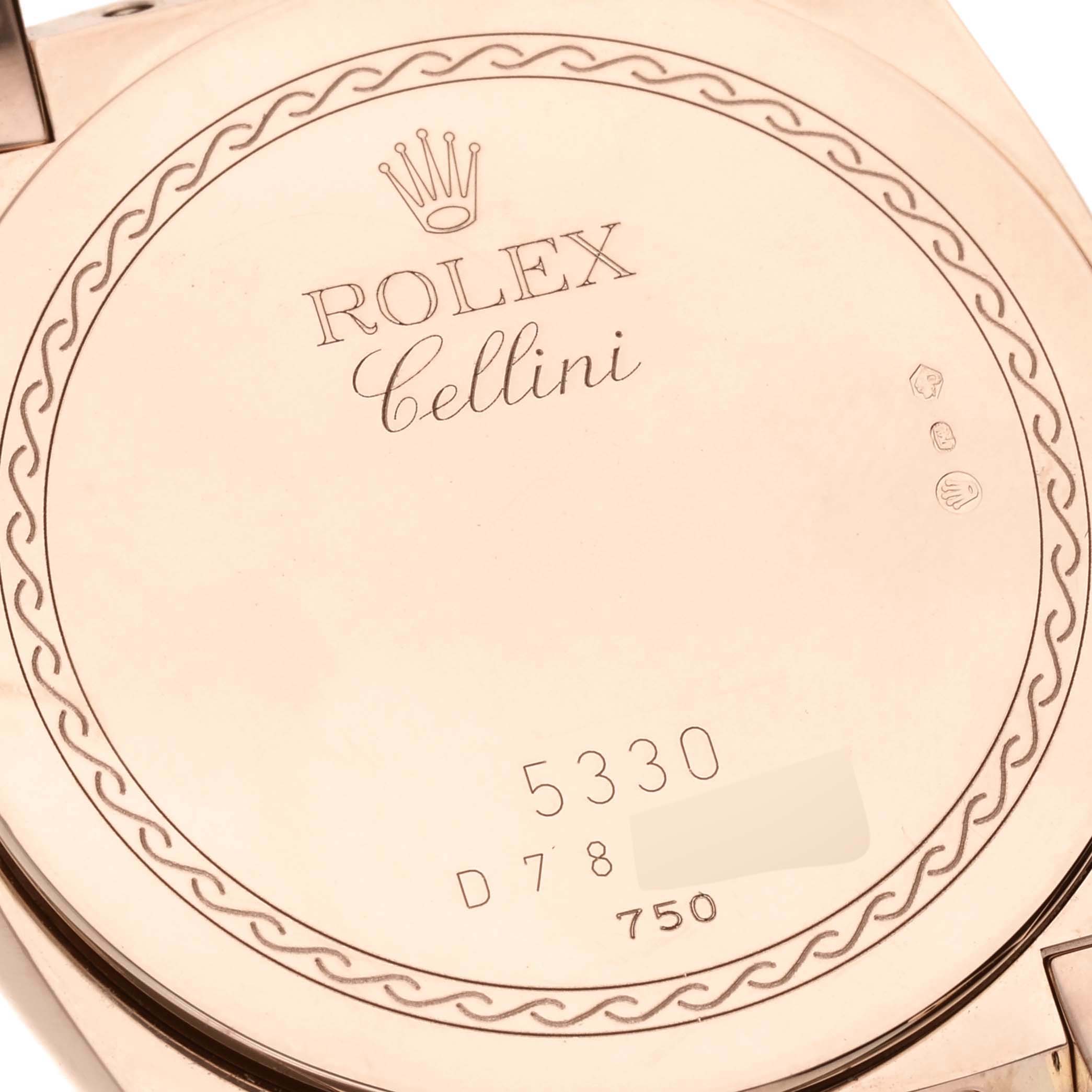 The image shows the back case of a Rolex Cellini 5330 Men's Rose Gold White Dial 5330 Men's Rose Gold White Dial watch, featuring its engraved logo, model number, and other markings.