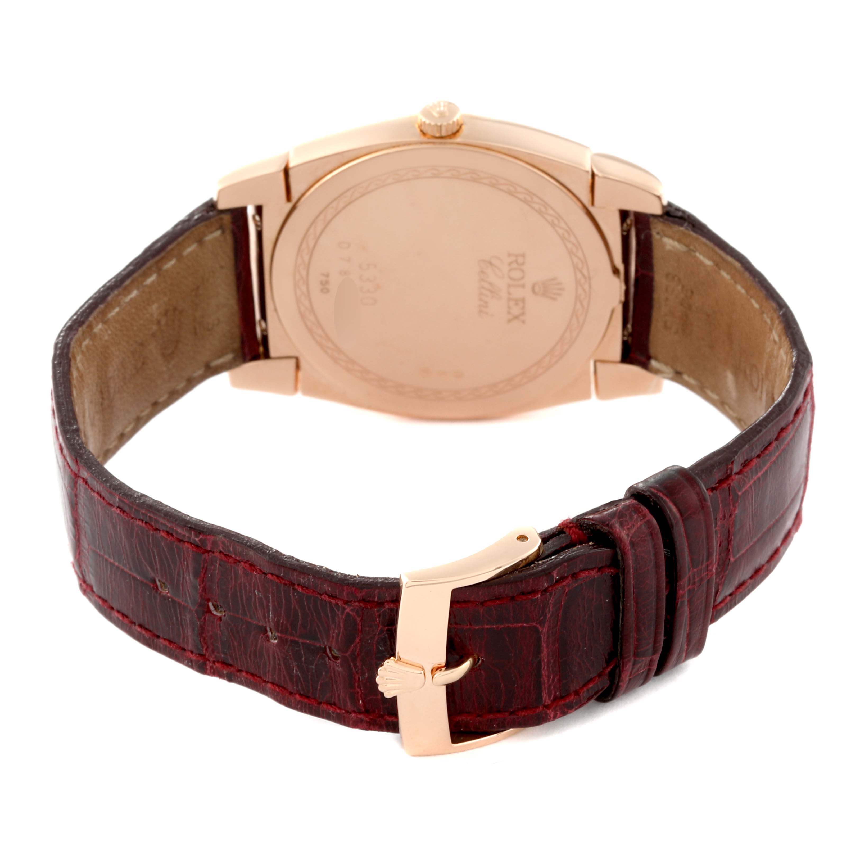 The image shows the back view of the Rolex Cellini 5330 Men's Rose Gold White Dial 5330 Men's Rose Gold White Dial watch with its leather strap and buckle.