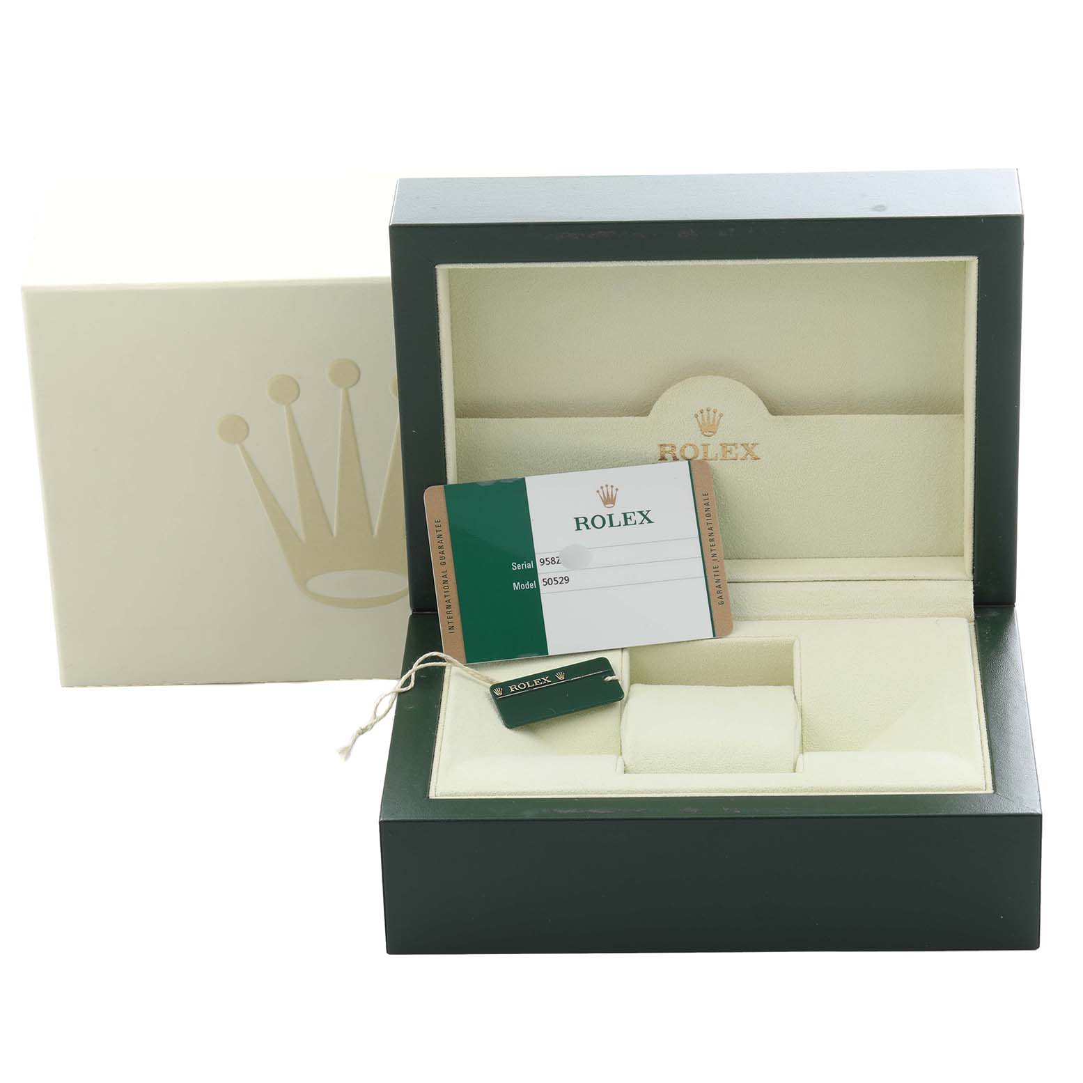 The image shows a Rolex Cellini 50529 Men's White Gold Black Dial 50529 Men's White Gold Black Dial watch box with an authenticity card and tag at an angled open view.