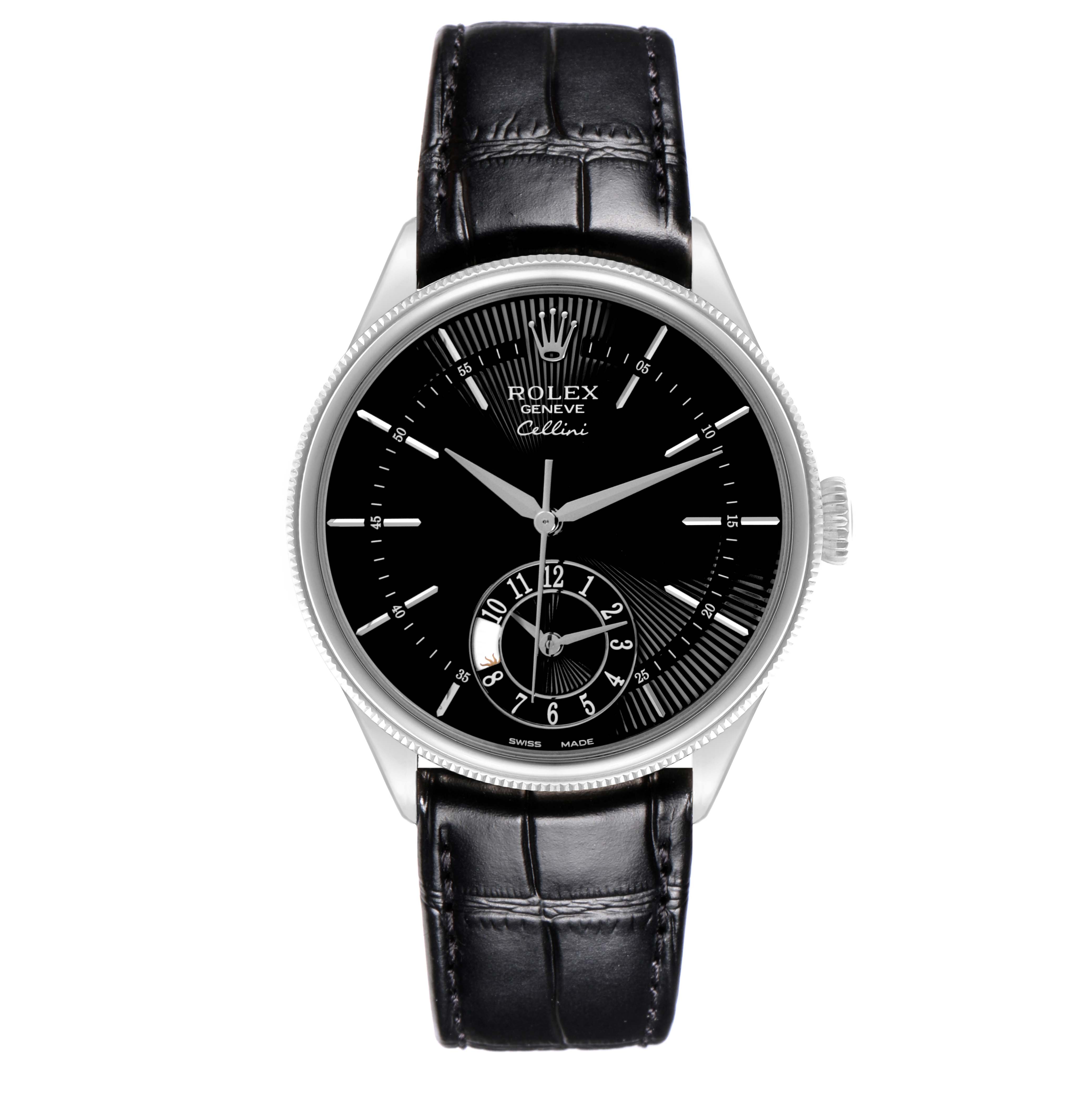 The Rolex Cellini 50529 Men's White Gold Black Dial 50529 Men's White Gold Black Dial watch is shown from a top-down angle, displaying the dial, hour markers, hands, and strap.