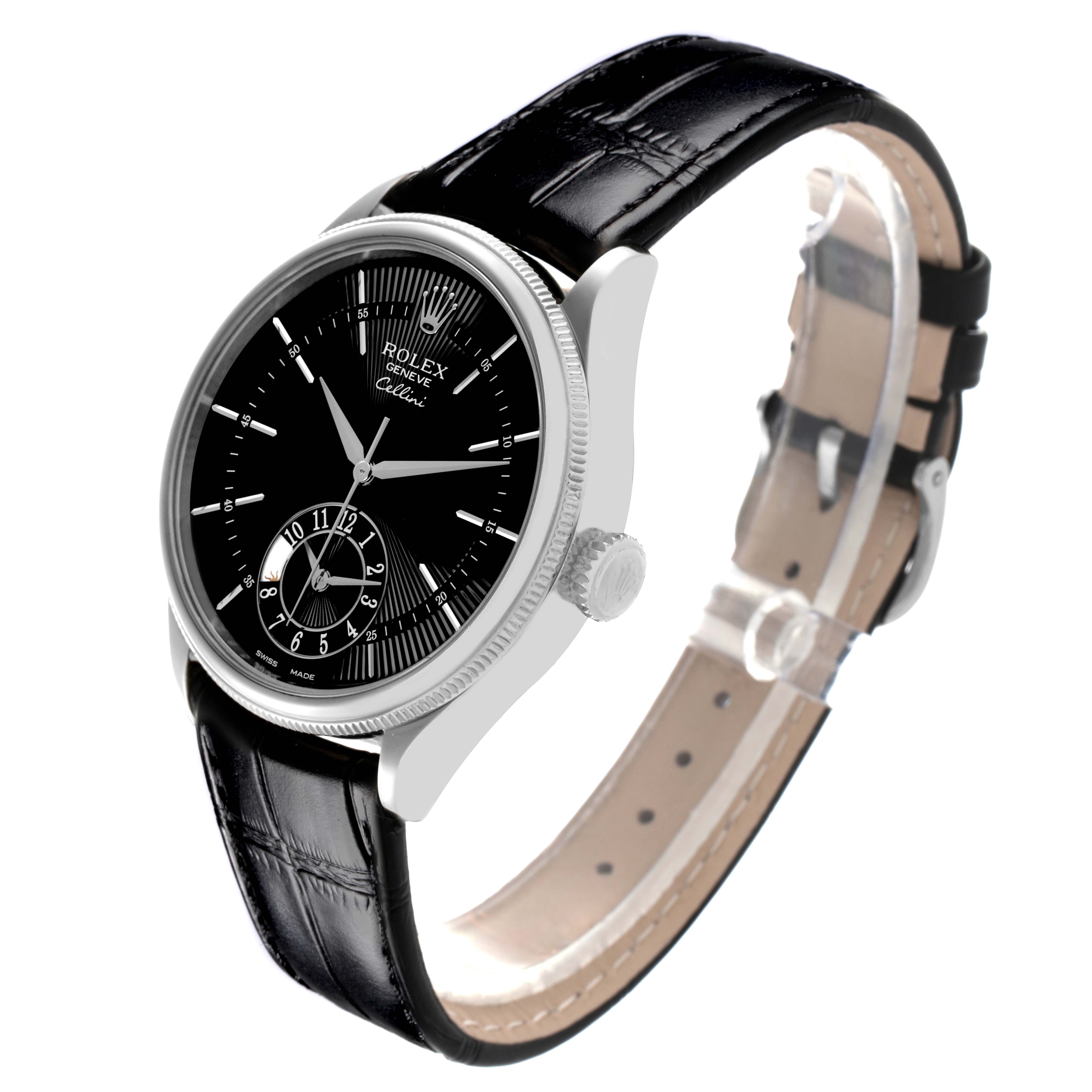 The Rolex Cellini 50529 Men's White Gold Black Dial 50529 Men's White Gold Black Dial watch is shown at a three-quarter angle, highlighting its black dial, crown, and leather strap.