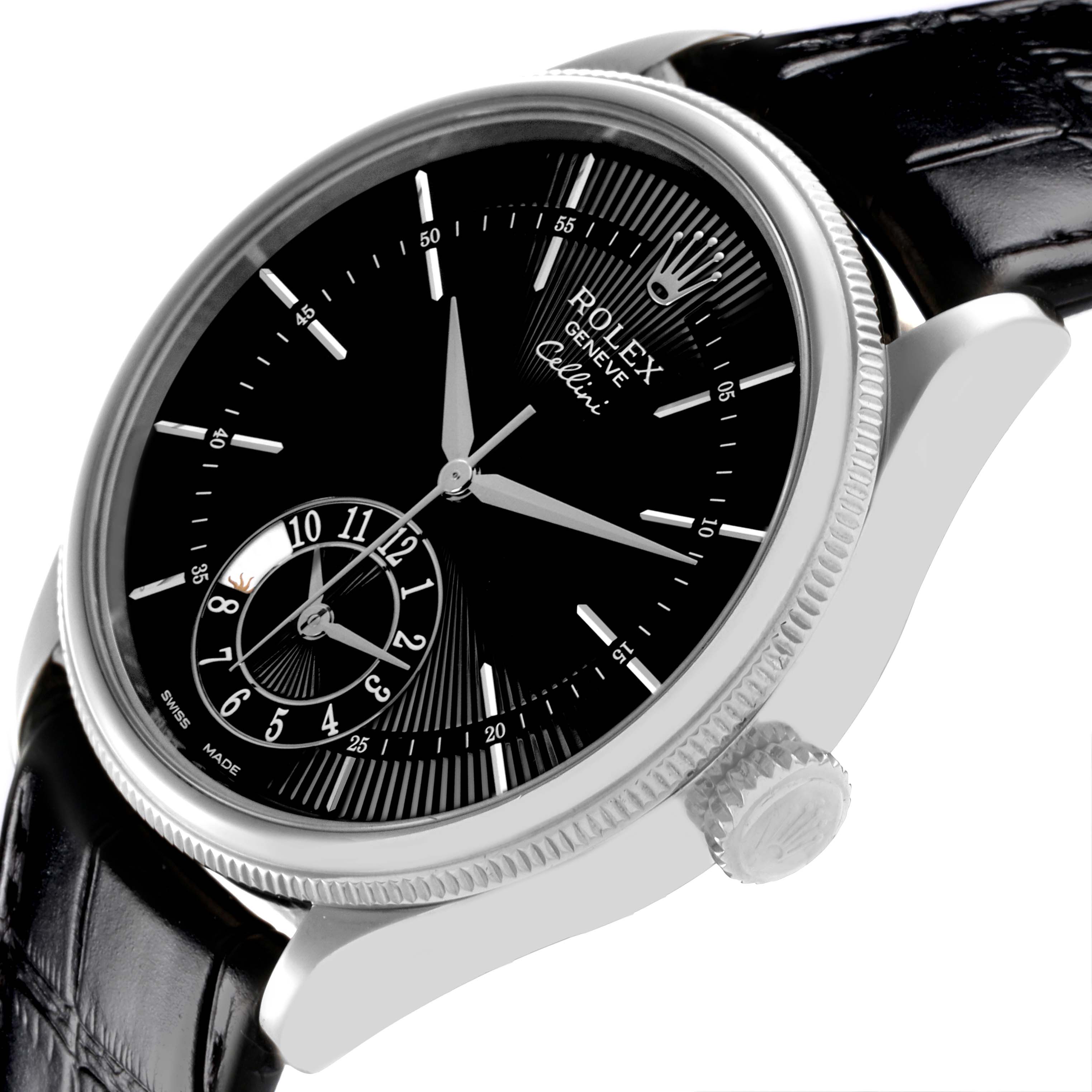 The Rolex Cellini 50529 Men's White Gold Black Dial 50529 Men's White Gold Black Dial watch is shown at an angle highlighting the face, bezel, crown, and leather strap.