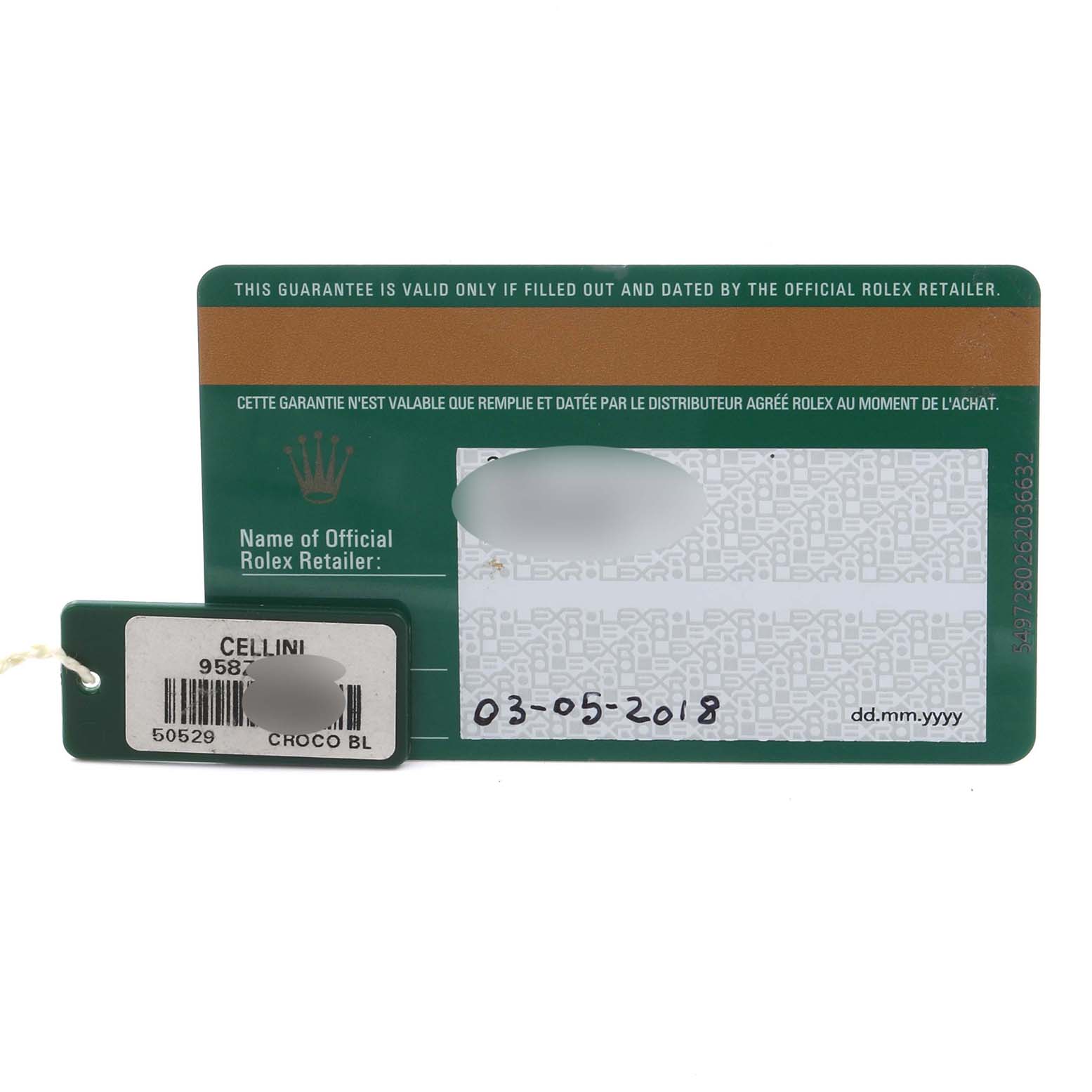 The image shows a Rolex Cellini 50529 Men's White Gold Black Dial 50529 Men's White Gold Black Dial watch warranty card and tag from a top view, featuring serial information and a date.