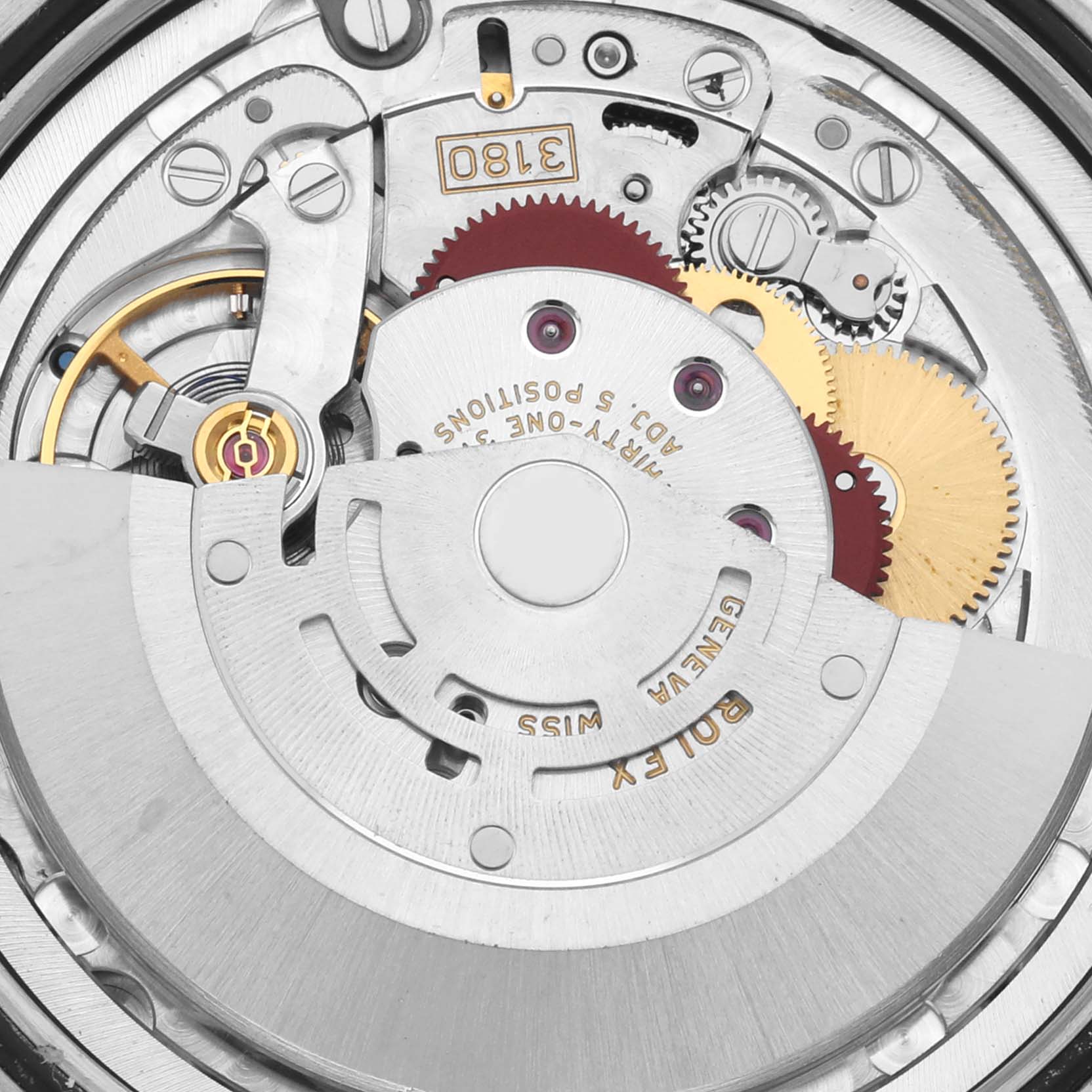 The image shows the intricate movement mechanism of a Rolex Cellini 50529 Men's White Gold Black Dial 50529 Men's White Gold Black Dial watch viewed from the back, including gears and the rotor.