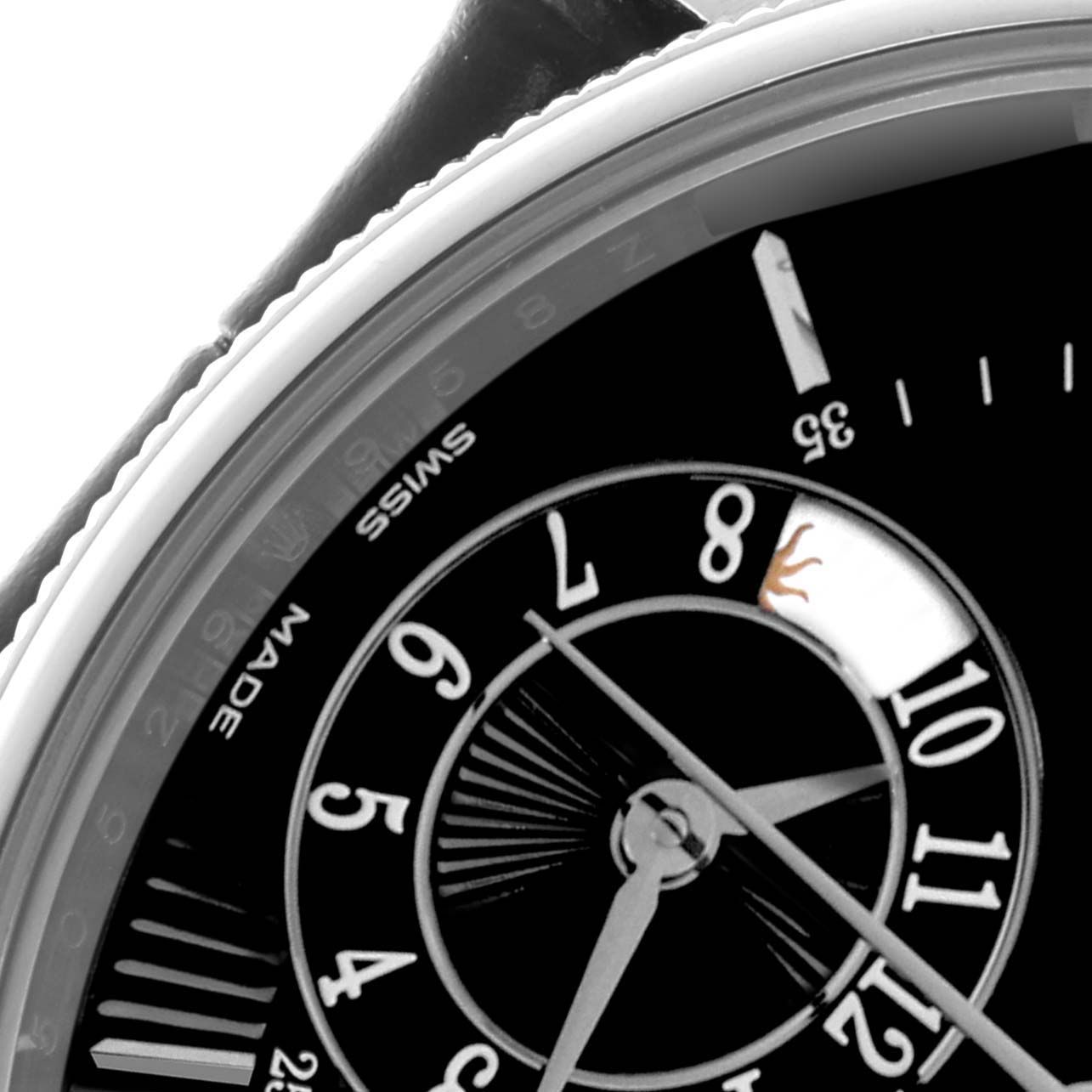The image shows a close-up of the dial and hands of a Rolex Cellini 50529 Men's White Gold Black Dial 50529 Men's White Gold Black Dial, emphasizing the numerals and markers.