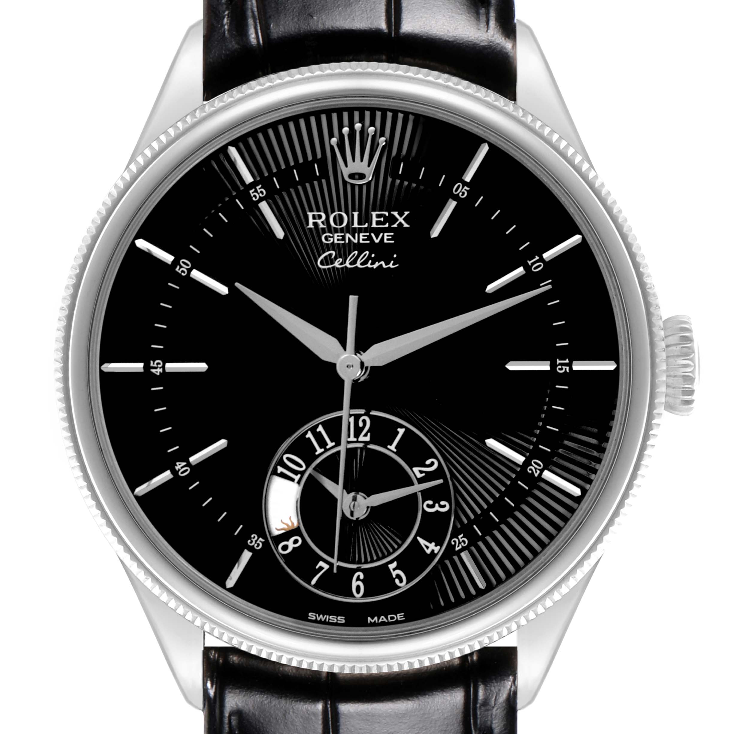 The Rolex Cellini 50529 Men's White Gold Black Dial 50529 Men's White Gold Black Dial watch is shown from the front, displaying the dial, crown, and part of the leather strap.
