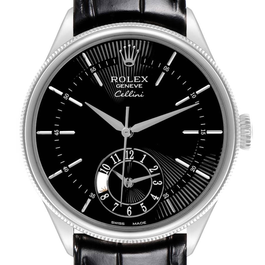 The Rolex Cellini watch is shown from the front, displaying the dial, crown, and part of the leather strap.