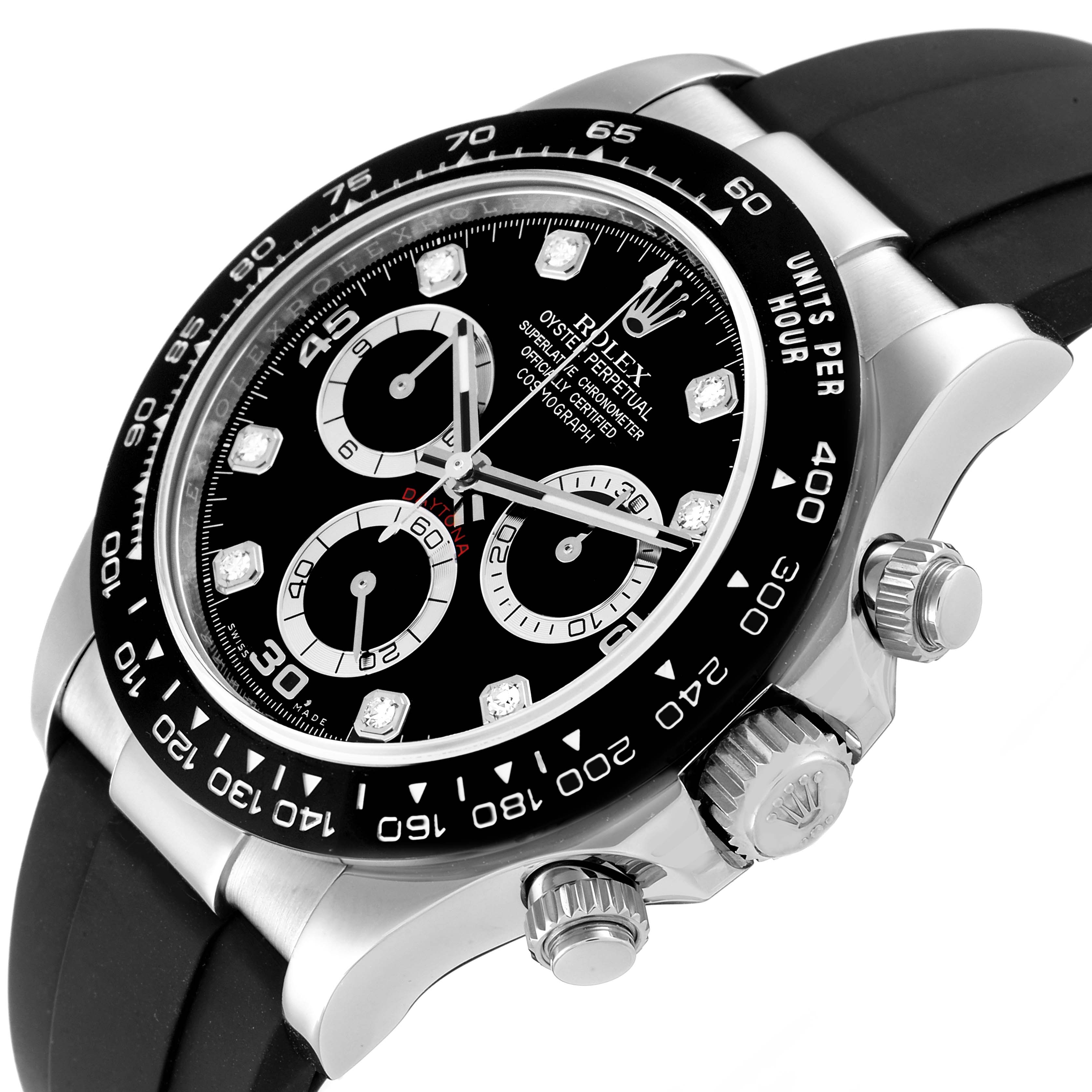This image shows a Rolex Daytona 116519 Men
s White Gold Black Dial 116519 Men
s White Gold Black Dial watch from a top-right angle, highlighting the bezel, face, subdials, and pushers.
