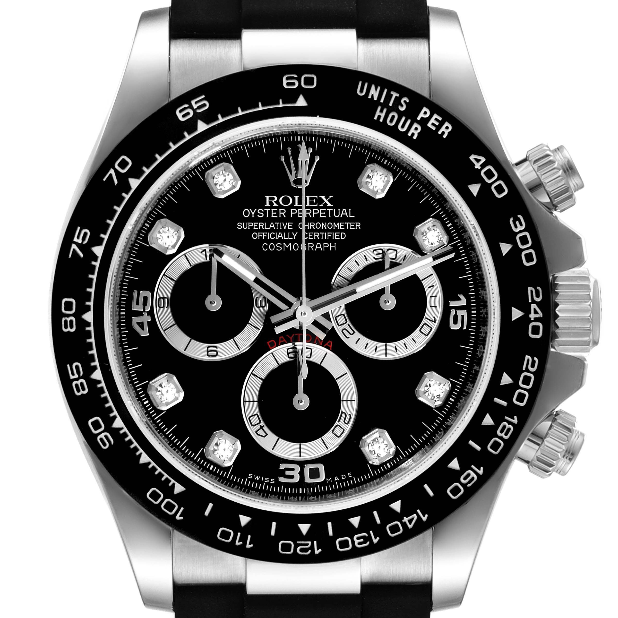 This is a close-up front view of the Rolex Daytona 116519 Men
s White Gold Black Dial 116519 Men
s White Gold Black Dial watch, showcasing the dial, subdials, and bezel.