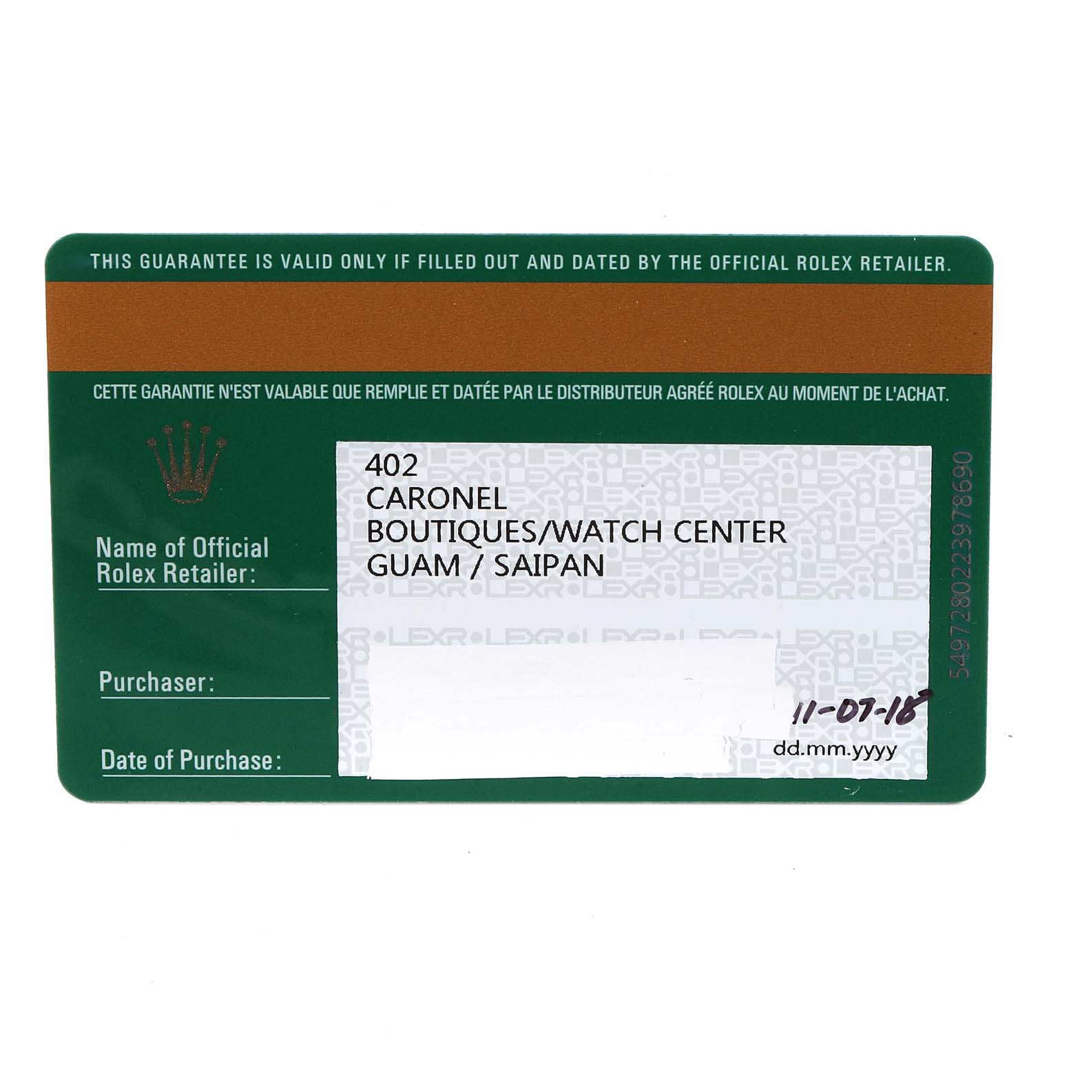 The image shows a warranty card for a Rolex Daytona 116519 Men
s White Gold Black Dial 116519 Men
s White Gold Black Dial model, viewed from the top to display its details.