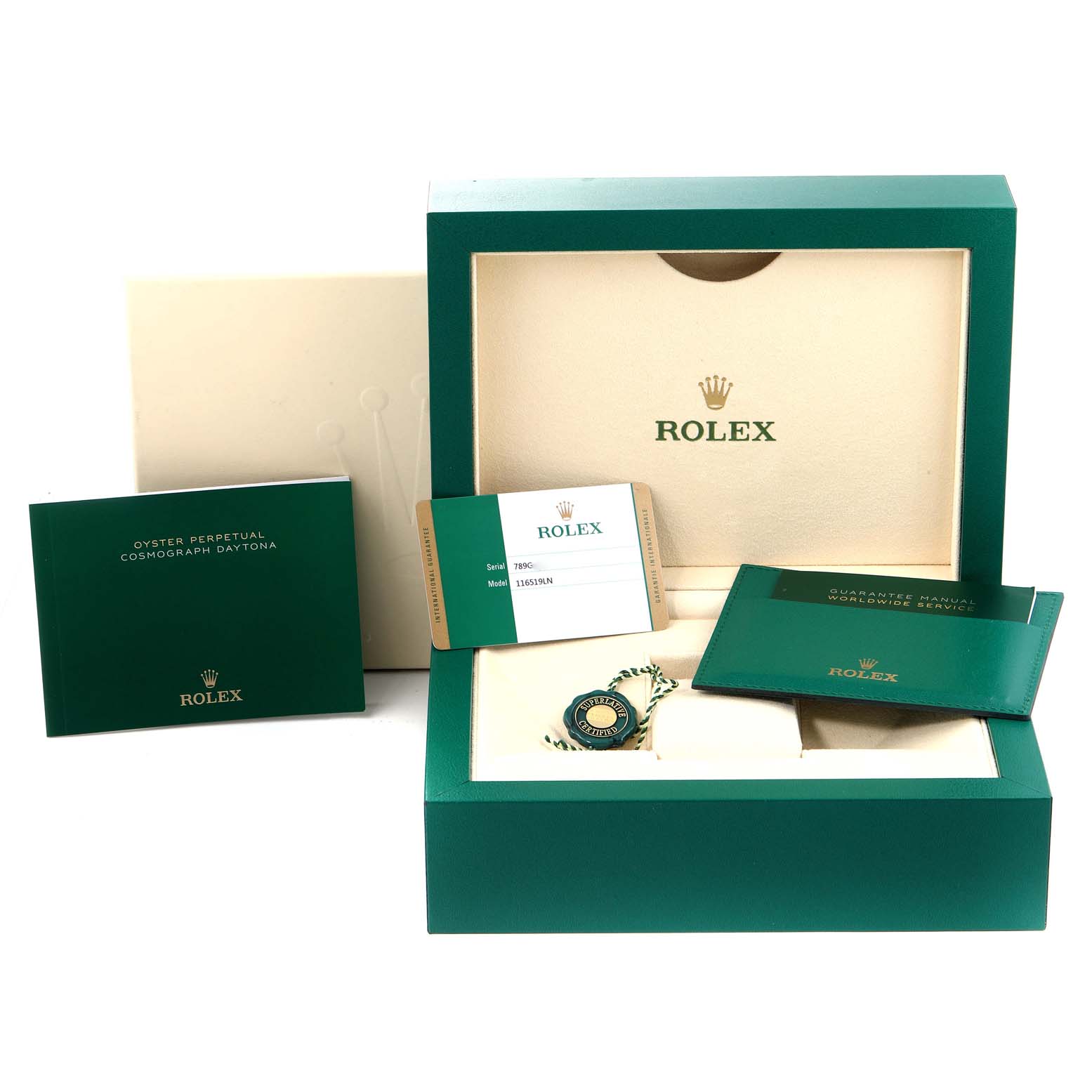 The image shows the packaging and accessories for the Rolex Daytona 116519 Men
s White Gold Black Dial 116519 Men
s White Gold Black Dial watch, including the box, warranty card, and manual.