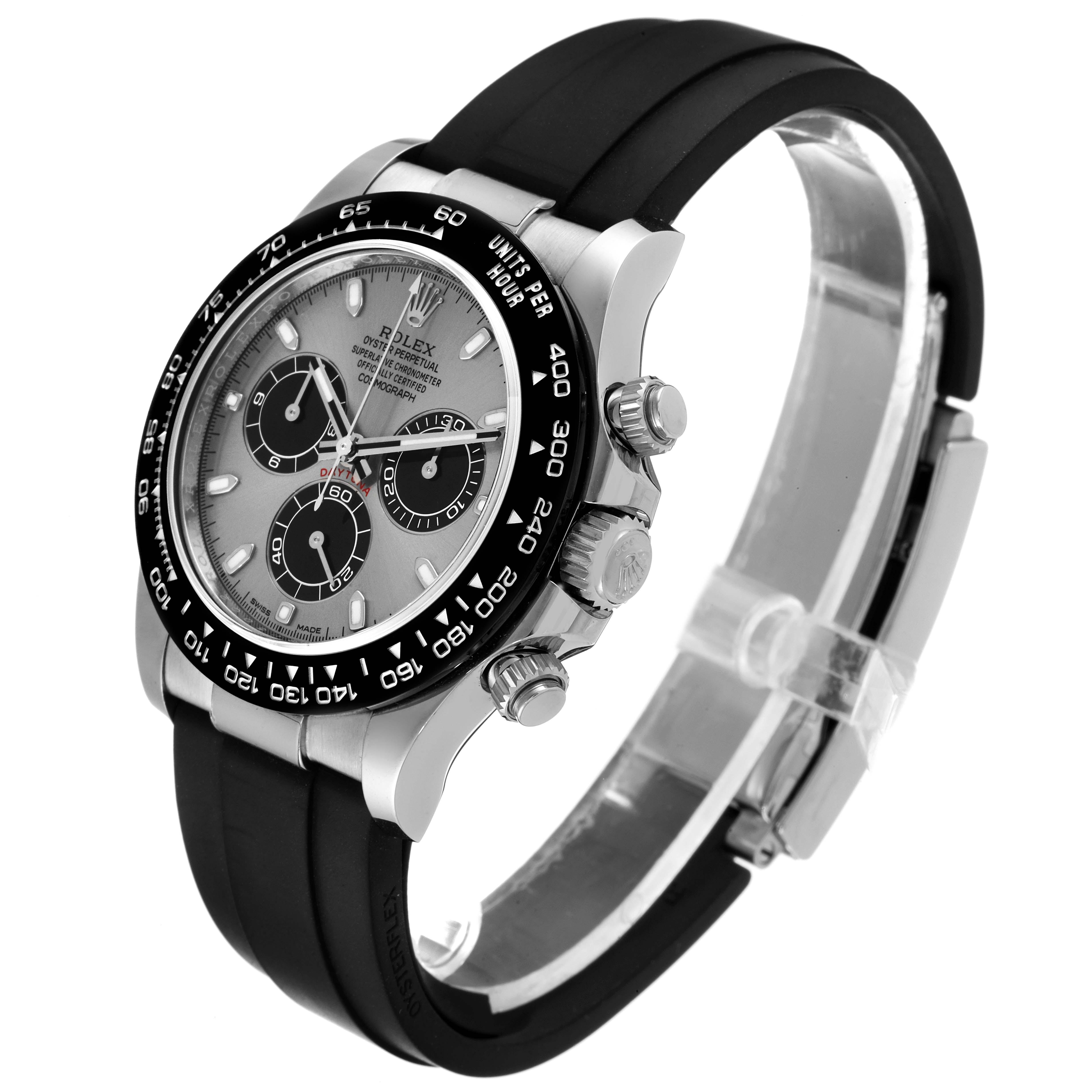 This image shows a Rolex Daytona 116519 Men's White Gold Grey Dial 116519 Men's White Gold Grey Dial watch at a 3/4 angle, highlighting the face, bezel, and black rubber strap.