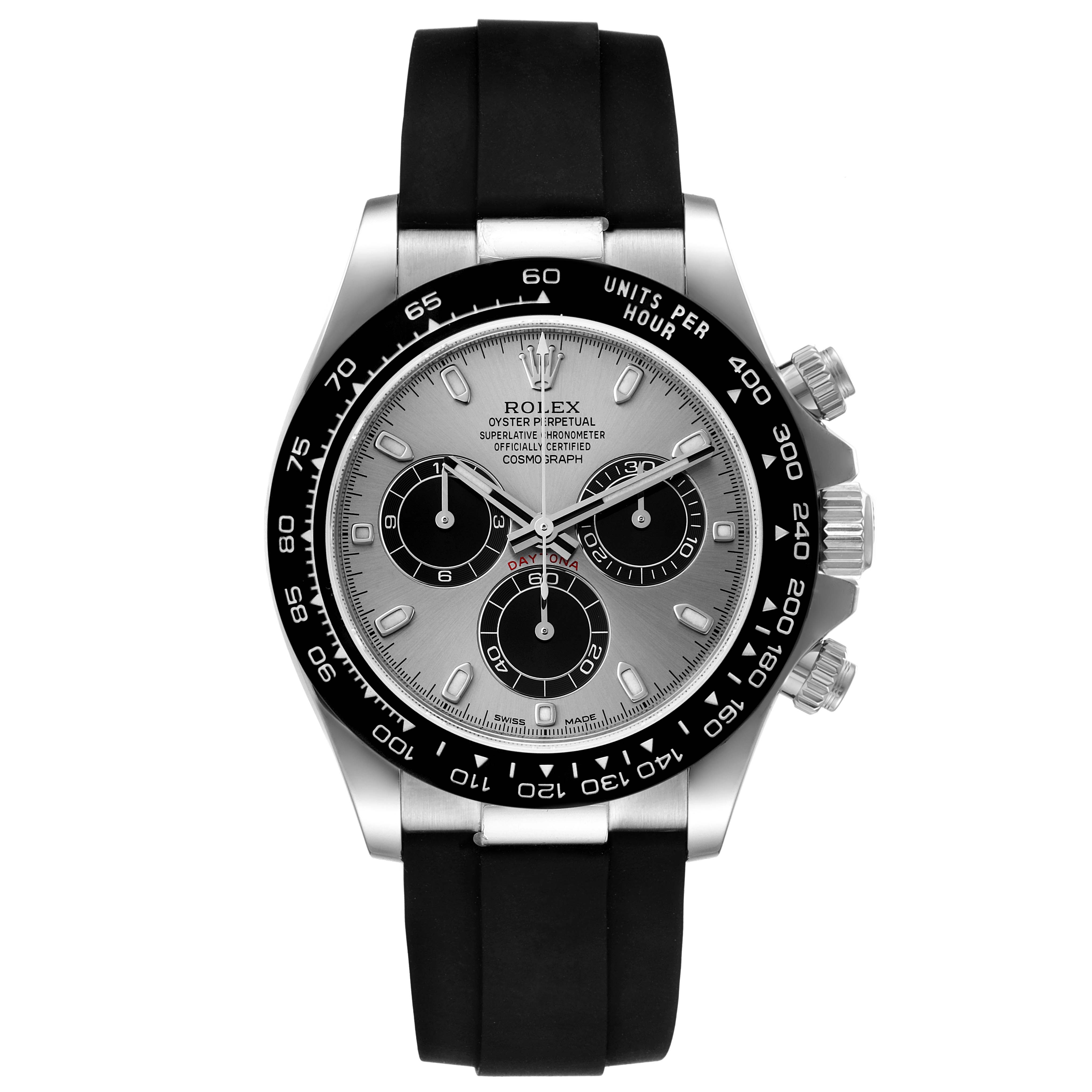 The image shows a front view of a Rolex Daytona 116519 Men's White Gold Grey Dial 116519 Men's White Gold Grey Dial watch, highlighting its dial, bezel, sub-dials, and rubber strap.