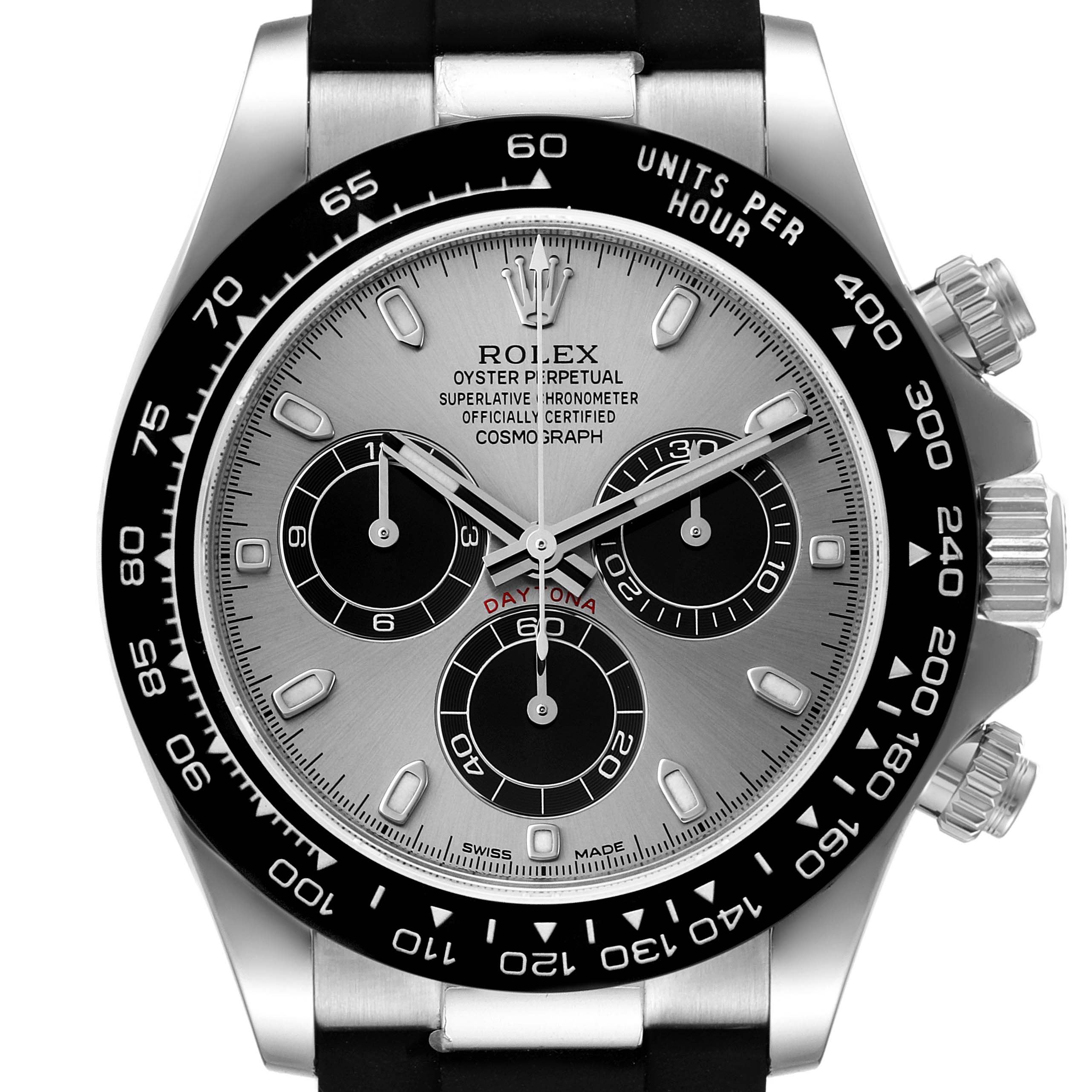 The image shows the face of a Rolex Daytona 116519 Men's White Gold Grey Dial 116519 Men's White Gold Grey Dial watch, featuring its chronograph dials and bezel with units per hour markings.