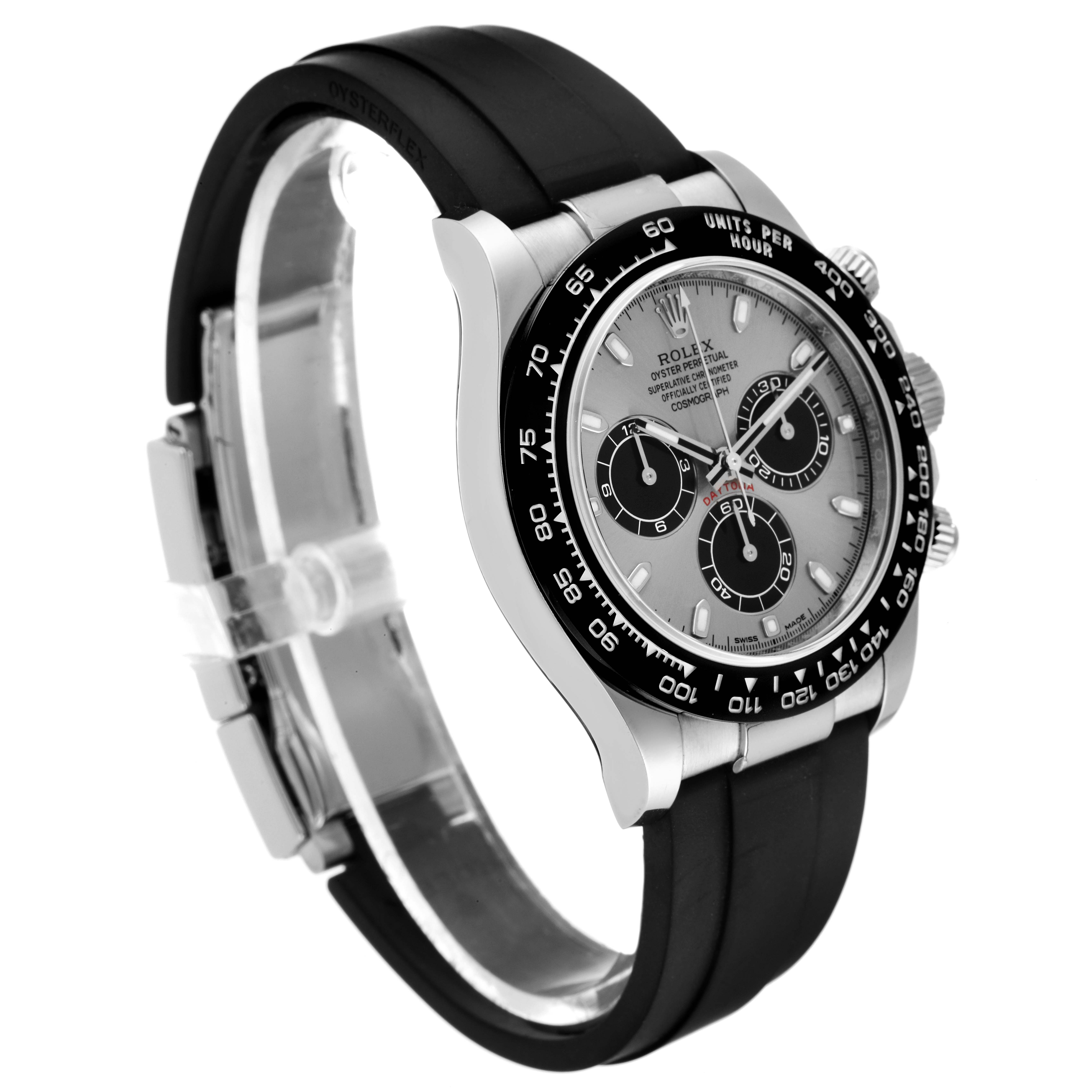 This image shows a Rolex Daytona 116519 Men's White Gold Grey Dial 116519 Men's White Gold Grey Dial model watch from a side angle, displaying the face, bezel, black band, and clasp.