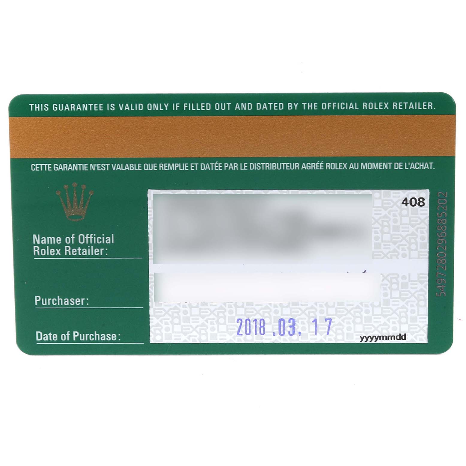 This image shows a warranty card for a Rolex Daytona 116519 Men's White Gold Grey Dial 116519 Men's White Gold Grey Dial watch, featuring the dealer, purchaser information, and purchase date.