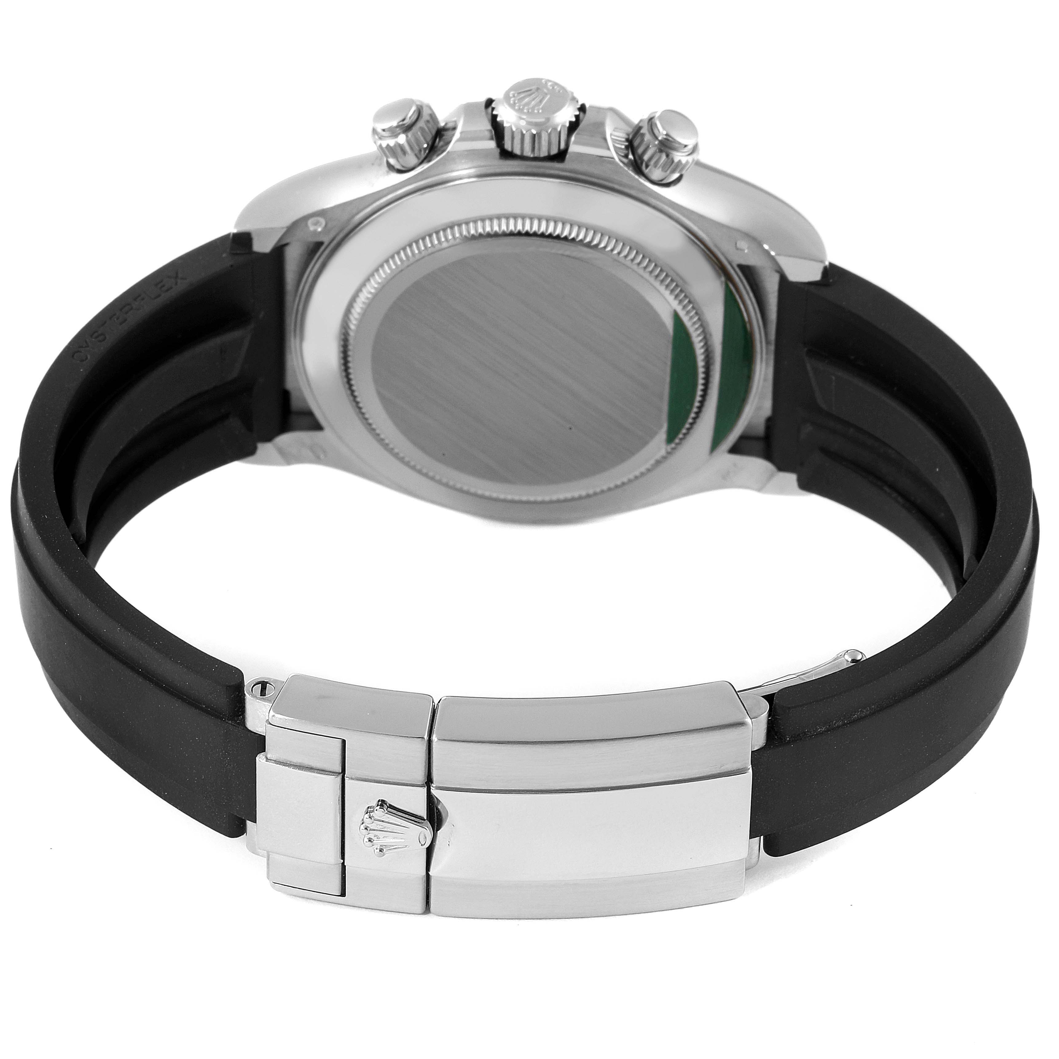 This image shows the back view of the Rolex Daytona 116519 Men's White Gold Grey Dial 116519 Men's White Gold Grey Dial watch, highlighting its case, crown, pushers, and Oysterflex bracelet.