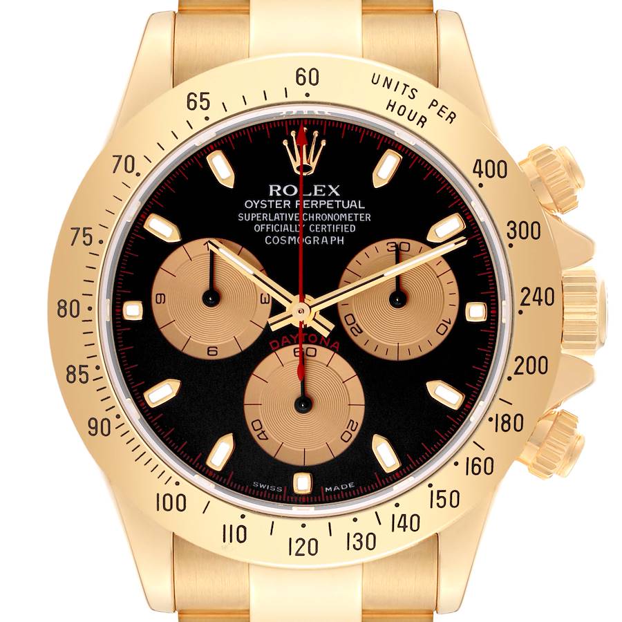 Rolex Daytona Yellow Gold Black Dial Mens Watch 116528 SwissWatchExpo