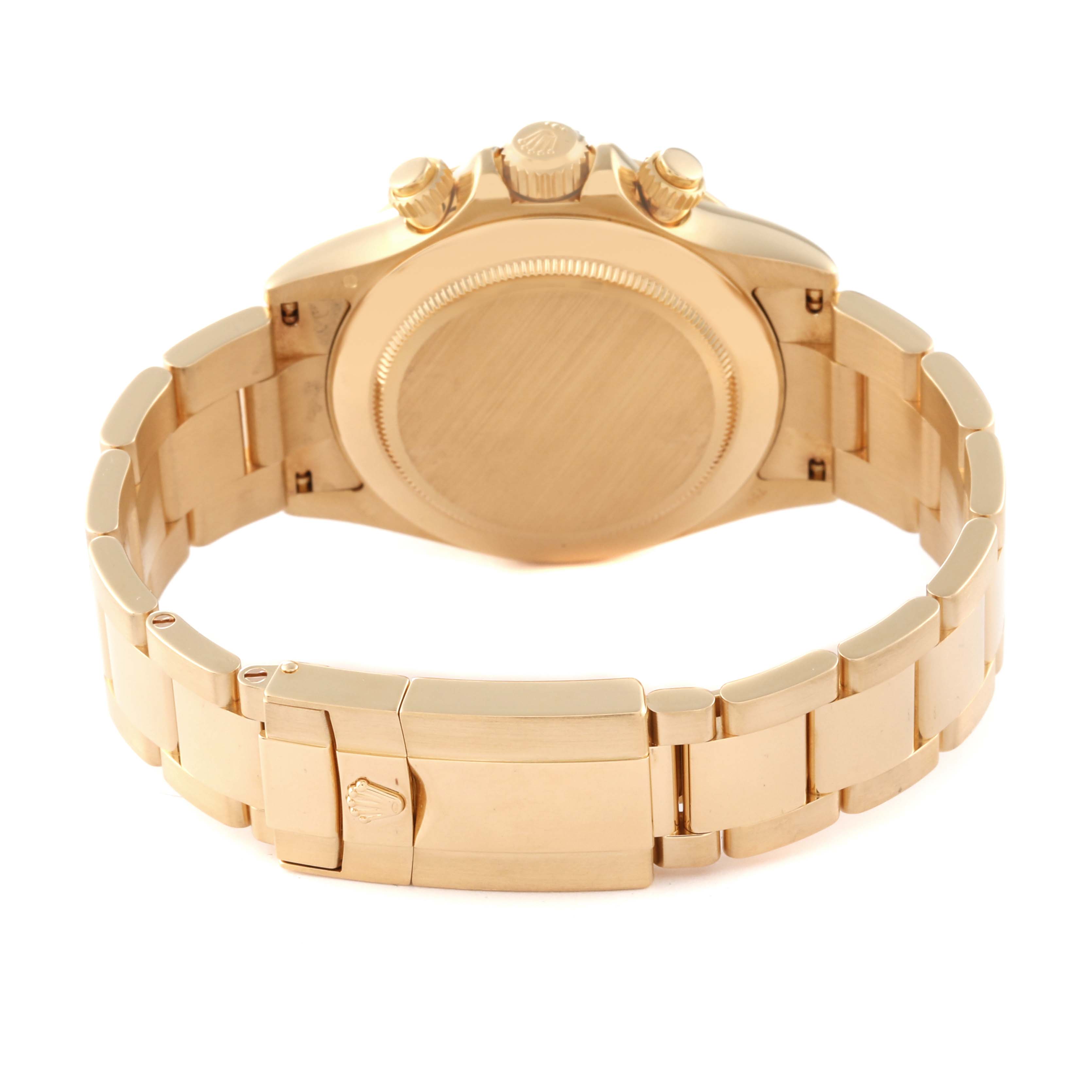 This image shows the back view of a Rolex Daytona 116528 Men's Yellow Gold Black Dial 116528 Men's Yellow Gold Black Dial watch, highlighting the case back, clasp, and bracelet.