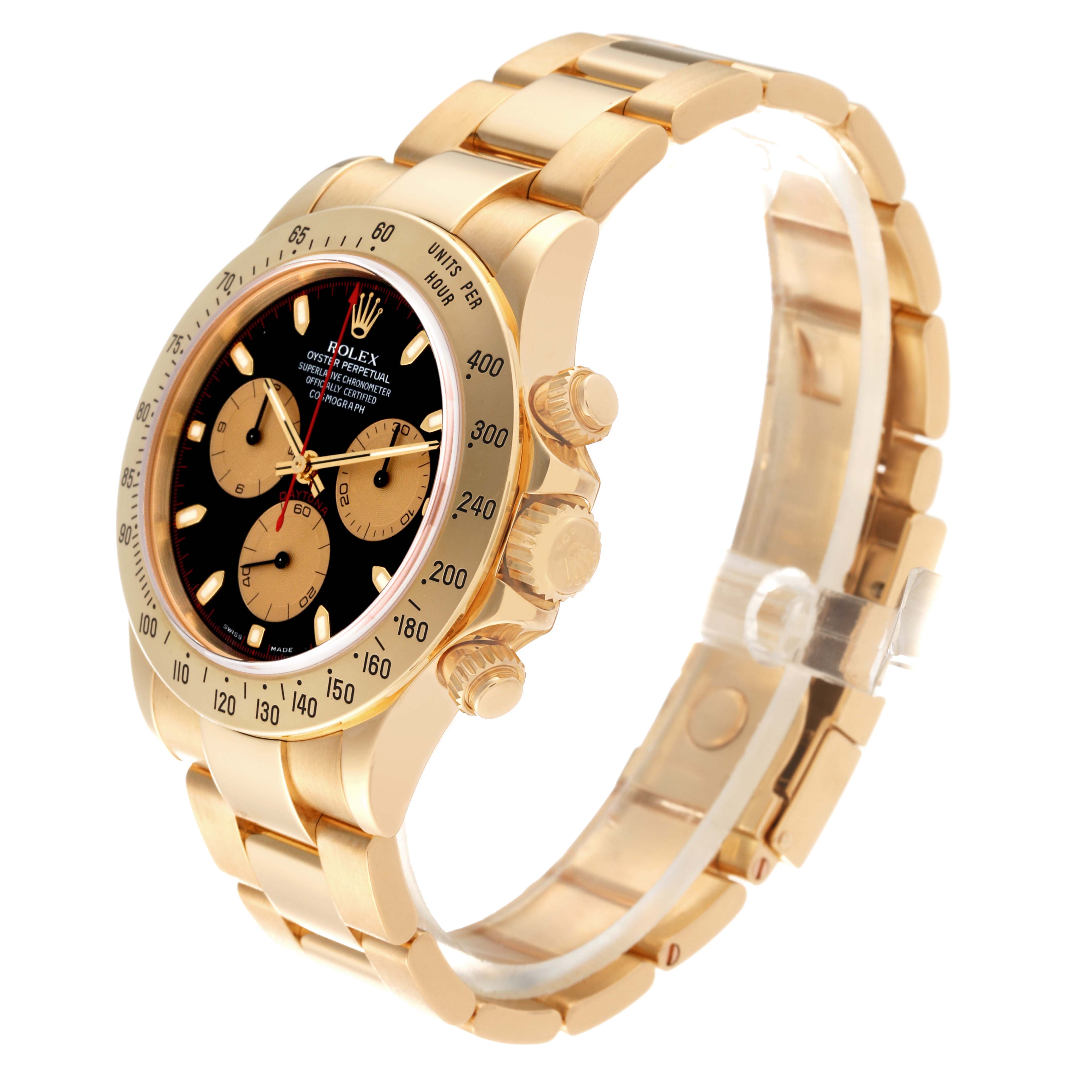The image shows a side angle of a Rolex Daytona 116528 Men's Yellow Gold Black Dial 116528 Men's Yellow Gold Black Dial watch, highlighting the face, bezel, crown, and bracelet.