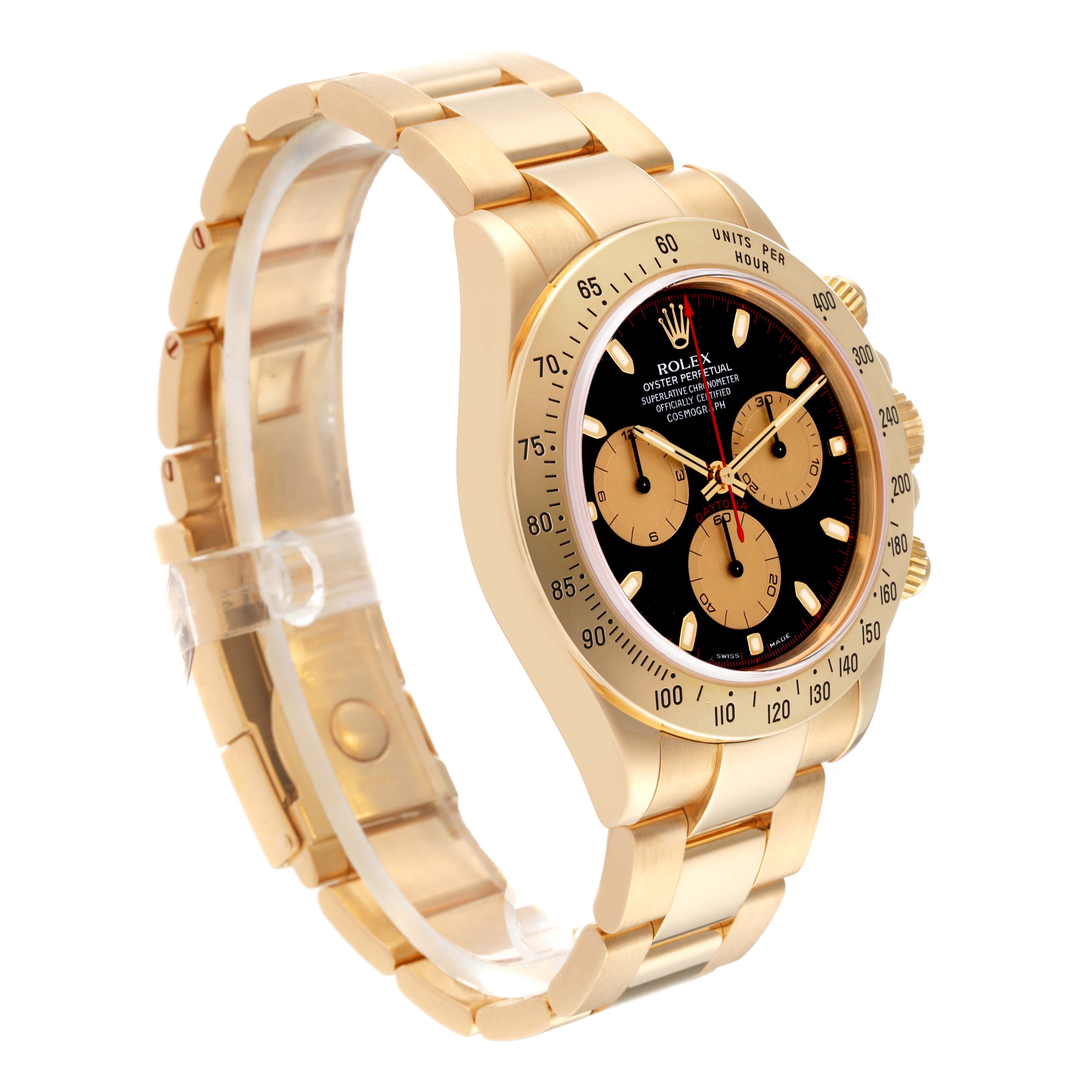 The image shows a Daytona model by Rolex from a left front angle, displaying the watch face, bezel, and bracelet.