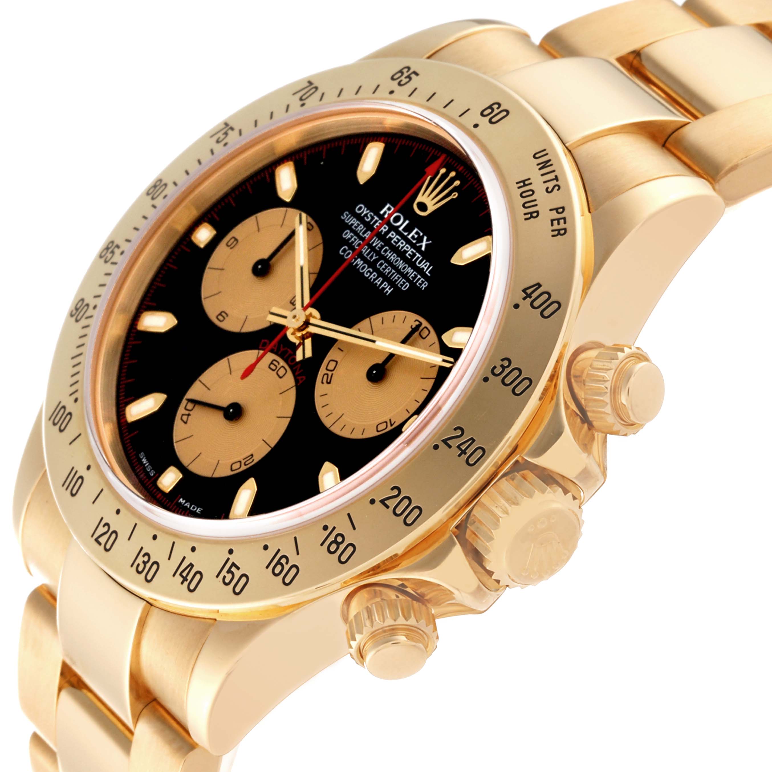 The image shows a close-up angle of the face, bezel, and right side buttons of a Rolex Daytona 116528 Men's Yellow Gold Black Dial 116528 Men's Yellow Gold Black Dial watch.
