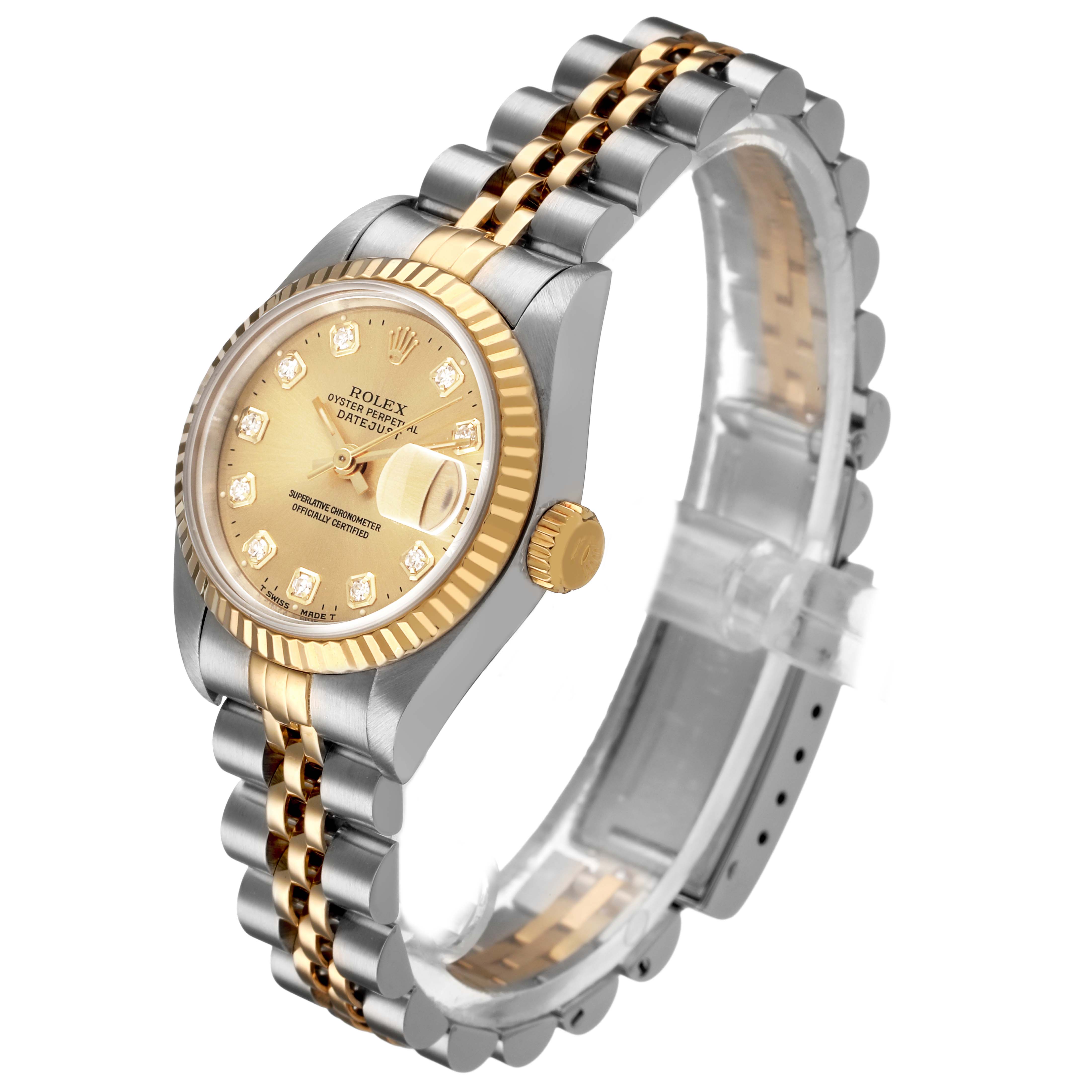 The Rolex Datejust 69173 Women's Steel and Gold (two tone) Champagne Dial watch is shown at a three-quarter angle, highlighting the gold and silver bracelet, fluted bezel, and champagne dial.