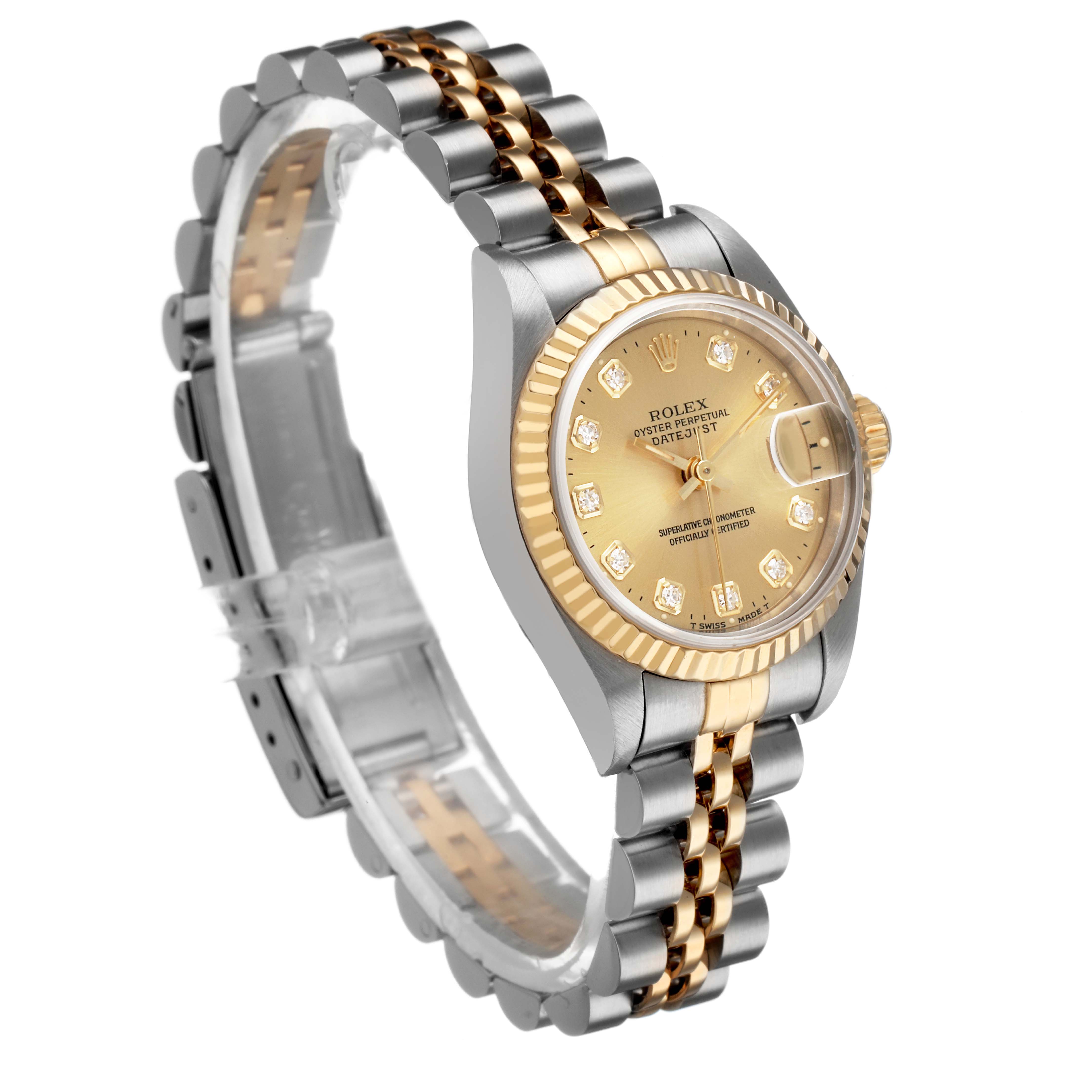 The Rolex Datejust 69173 Women's Steel and Gold (two tone) Champagne Dial watch is shown at a three-quarter angle, highlighting its gold dial, fluted bezel, and Jubilee bracelet.