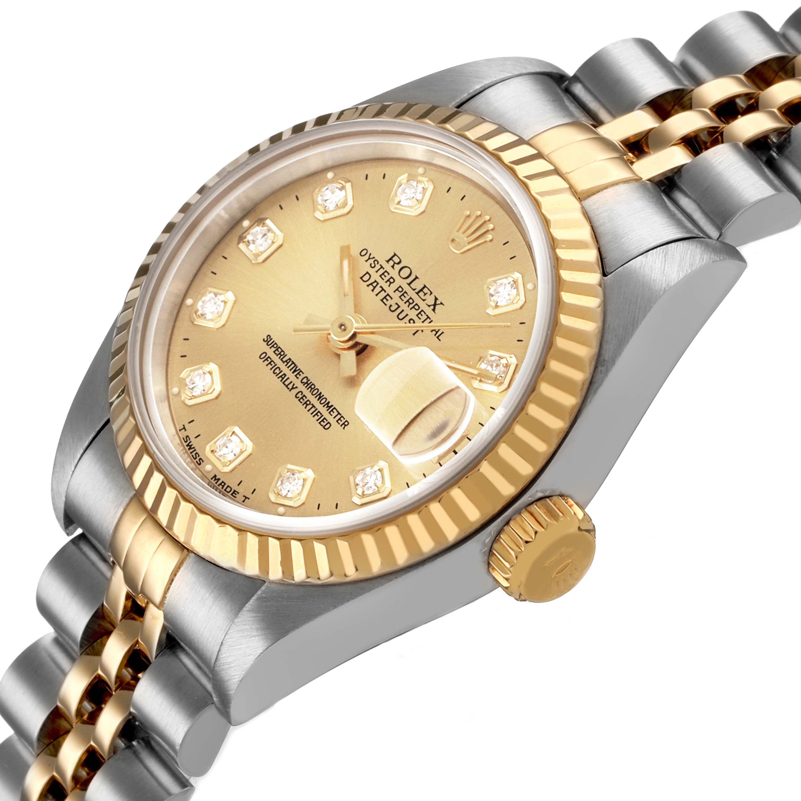 The Rolex Datejust 69173 Women's Steel and Gold (two tone) Champagne Dial watch is shown at an angled close-up, highlighting its gold and silver bracelet, fluted bezel, and diamond markers.