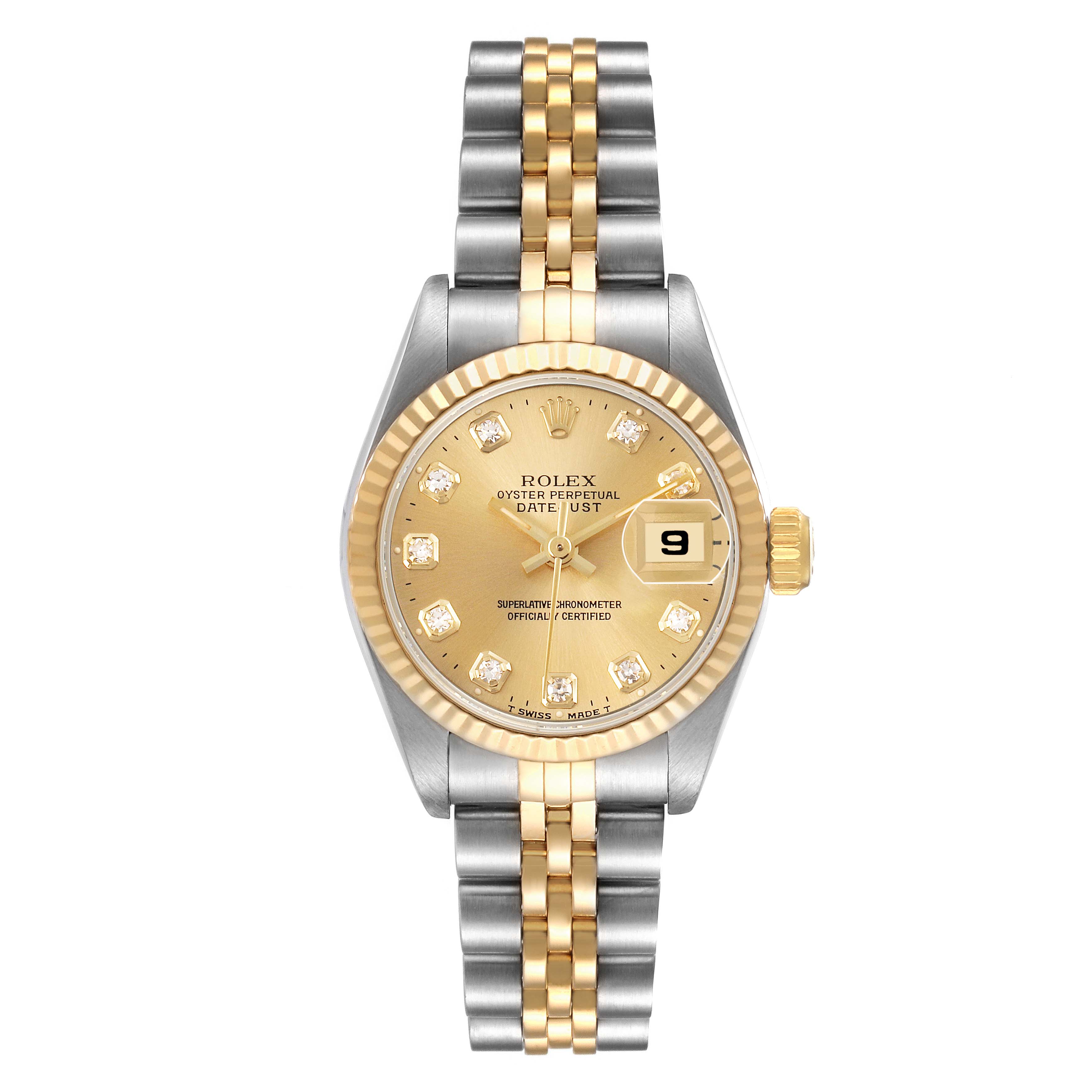 The Rolex Datejust 69173 Women's Steel and Gold (two tone) Champagne Dial watch is shown from a top-down angle, displaying the face, two-tone bracelet, and crown.