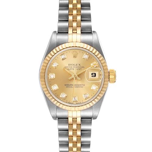 The Rolex Datejust 69173 Women's Steel and Gold (two tone) Champagne Dial is shown straight-on, highlighting the dial, bezel, crown, and bracelet with a focus on the date display.