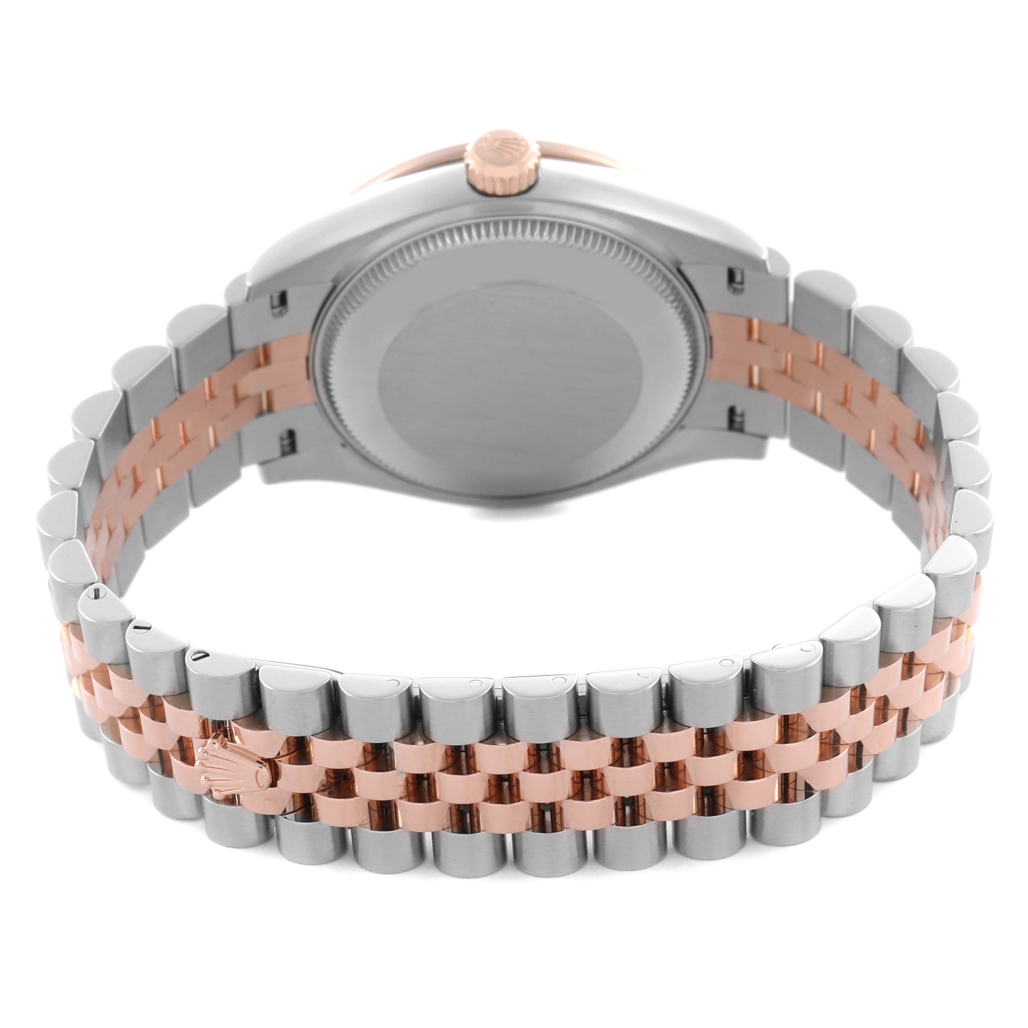 The image shows a rear view of a Rolex Mid-Size 278381 Women's Steel and Gold (two tone) Pink Dial 278381 Women's Steel and Gold (two tone) Pink Dial watch, highlighting the two-tone bracelet, case back, and crown.