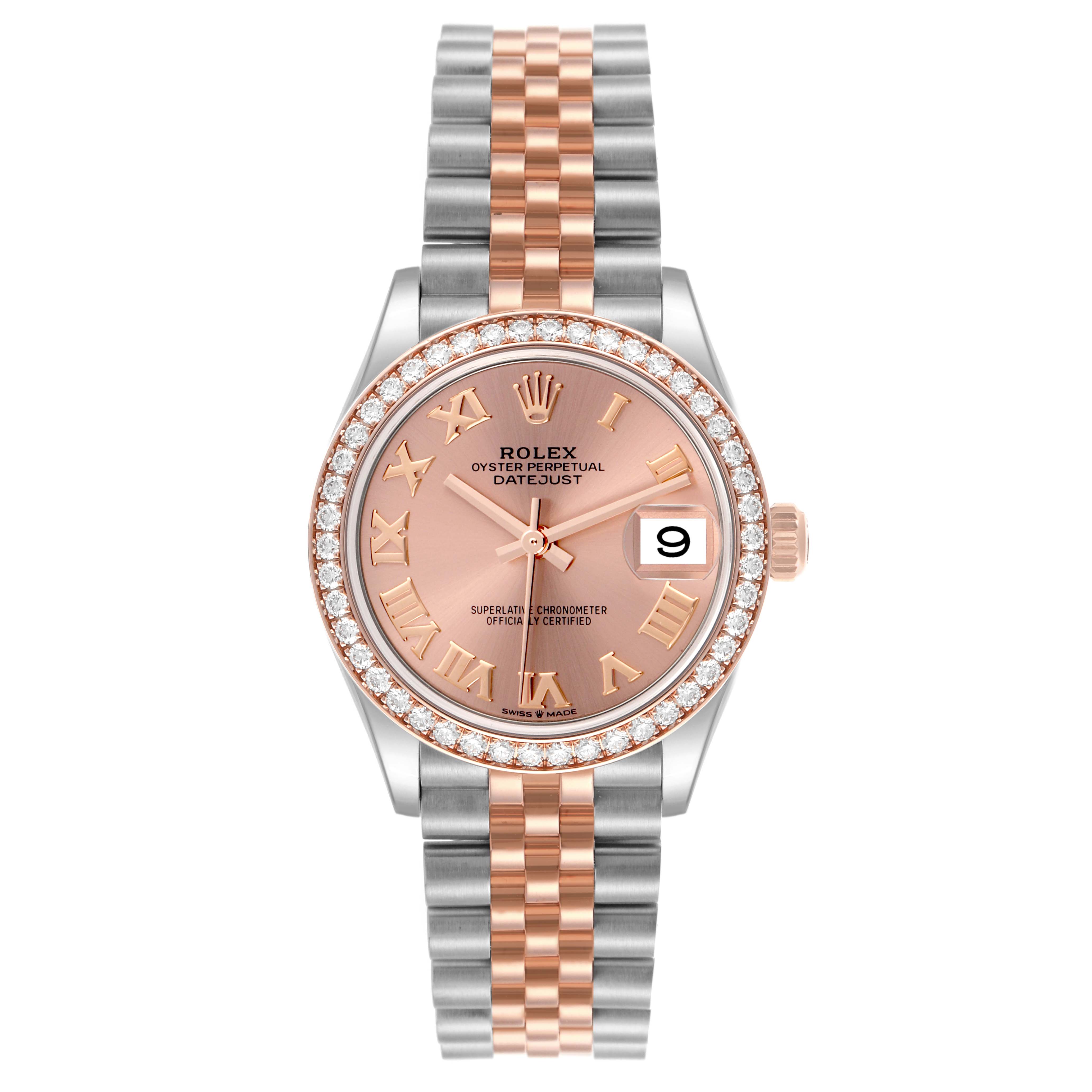 The Rolex Datejust Mid-Size watch is shown from the front, highlighting its two-tone bracelet, diamond bezel, and pink dial.
