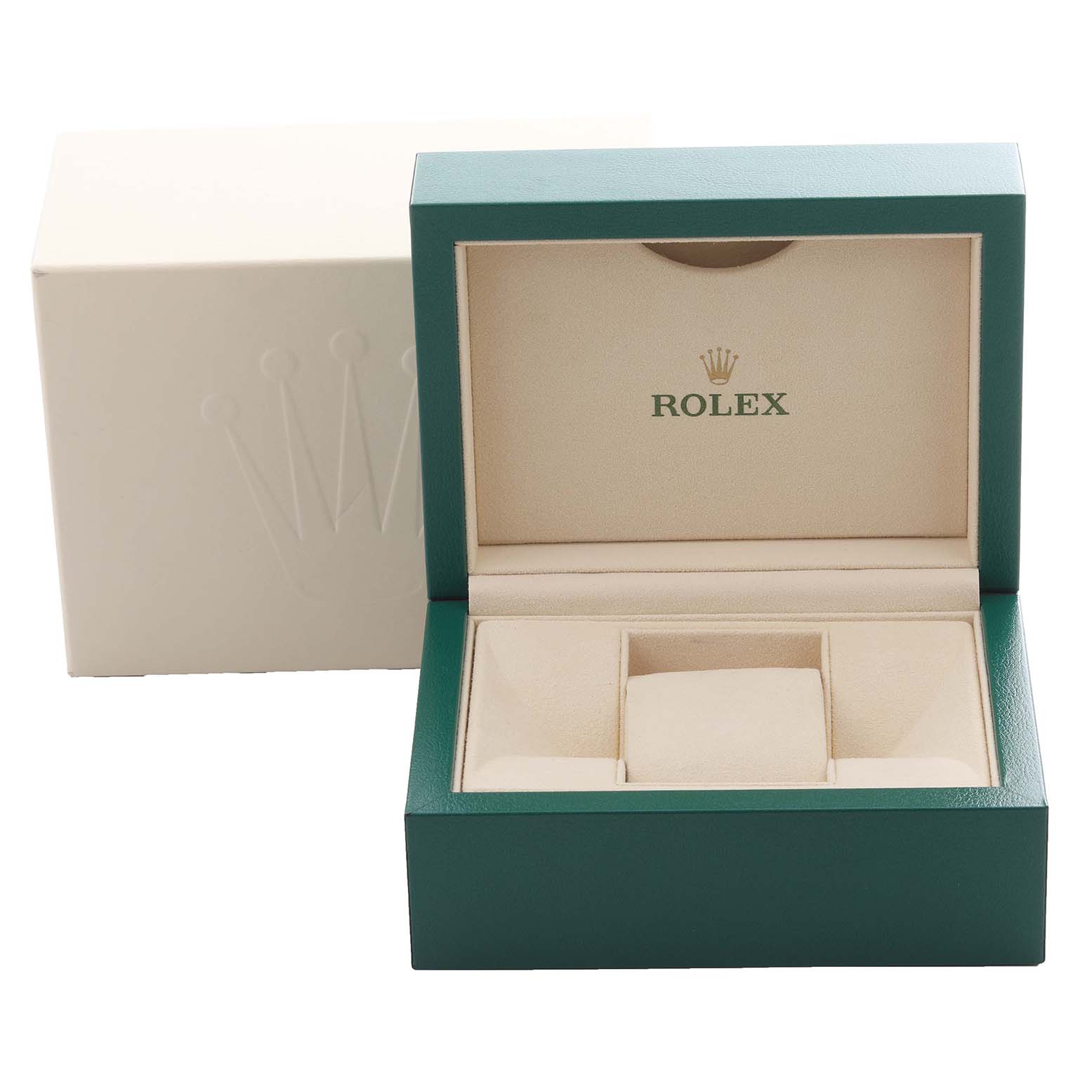 The image shows a Rolex watch box from a frontal angle, with an open green case revealing the interior compartments.